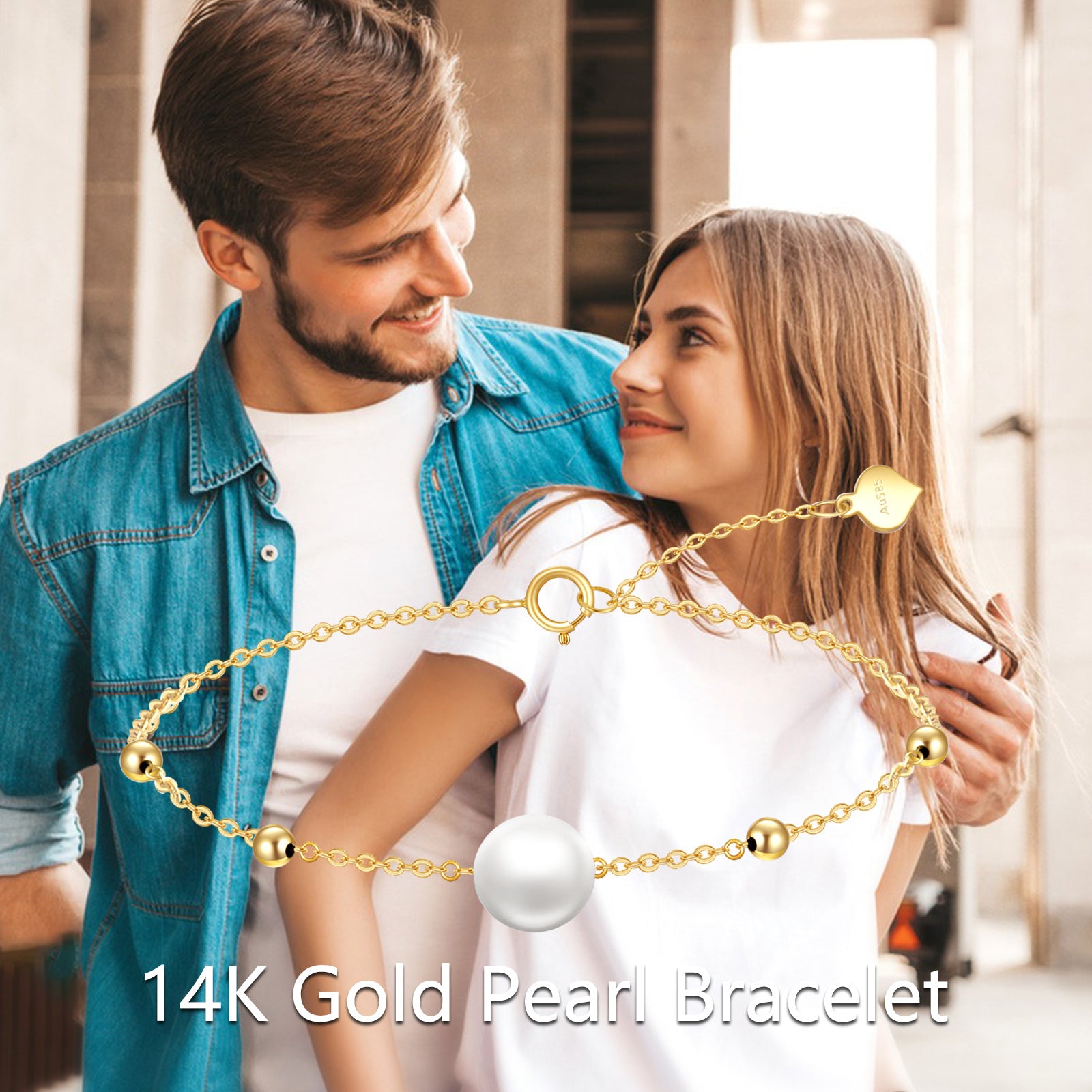 14K Gold Circular Shaped Pearl Round Charm Bracelet