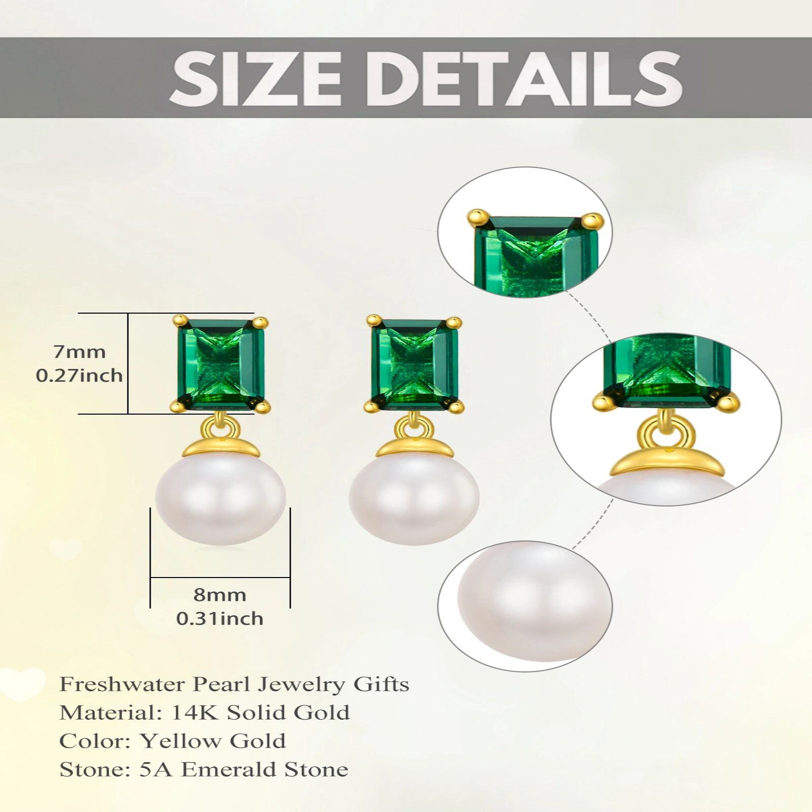 14K Gold Princess-Square Emerald With Pearl Stud Earrings For Women