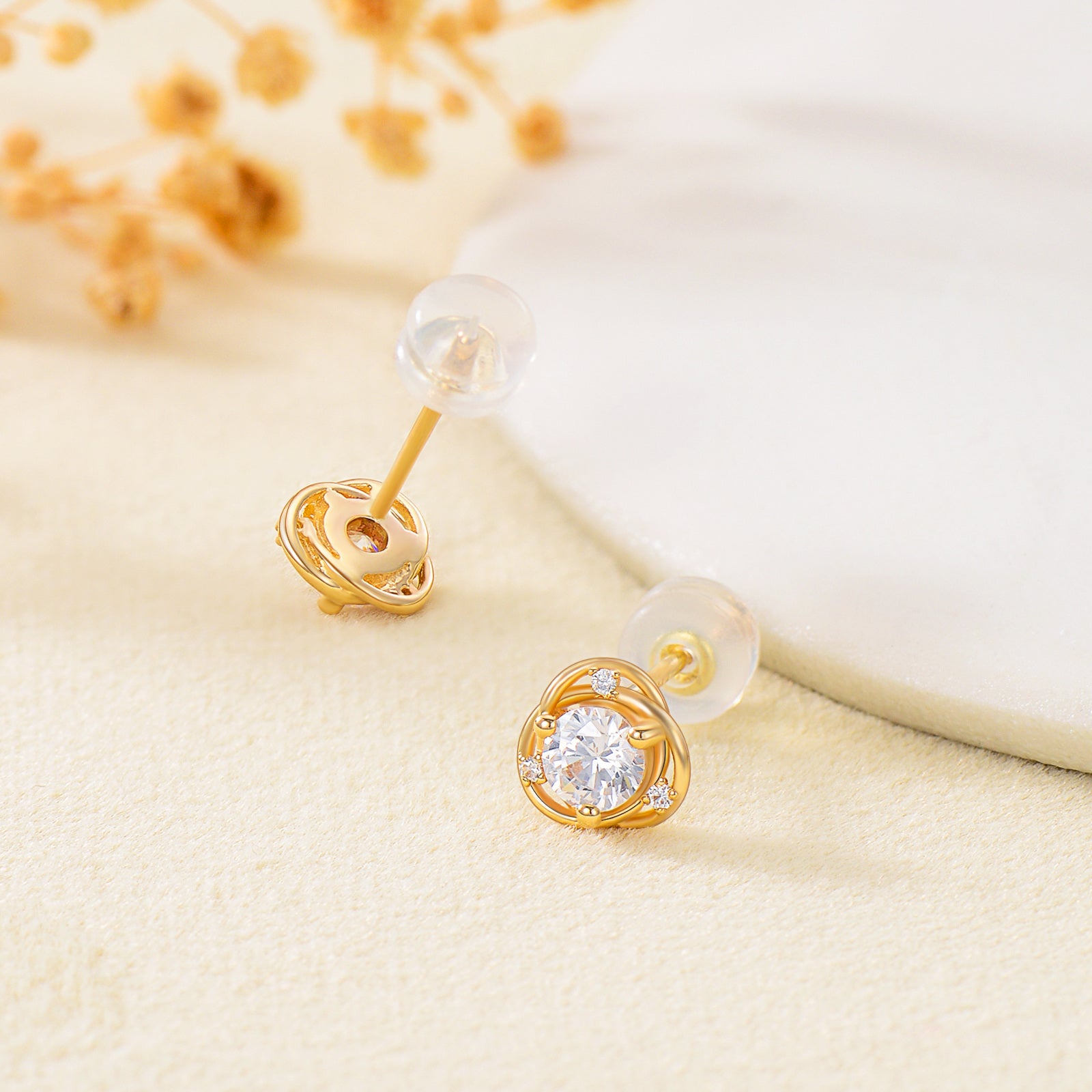14K Gold Circular Shaped Cubic Zirconia Round Stud Earrings