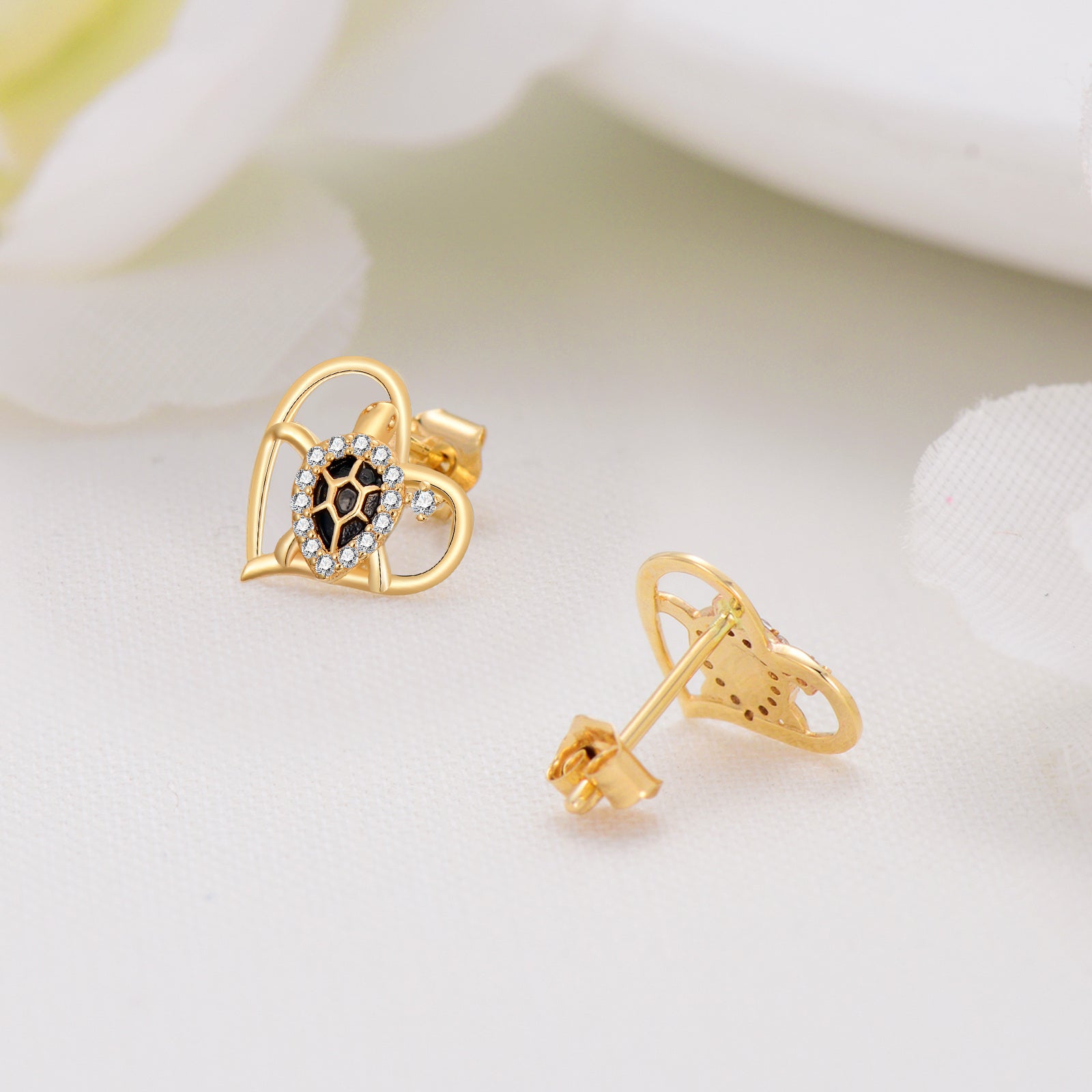 14K Gold Circular Shaped Cubic Zirconia Sea Turtle Stud Earrings