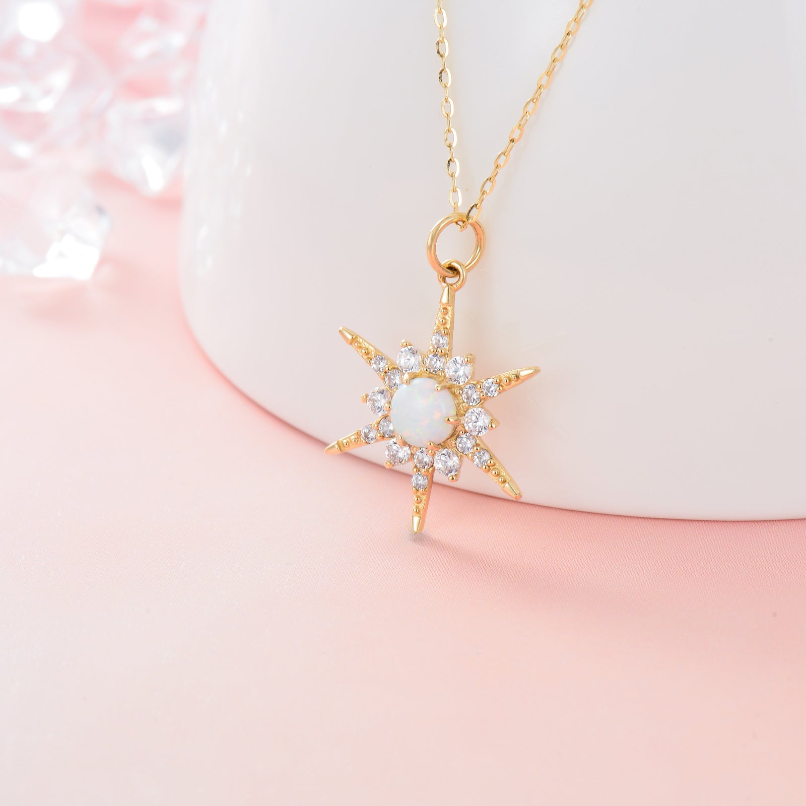 14K Gold Circular Shaped Cubic Zirconia Sun Pendant Necklace