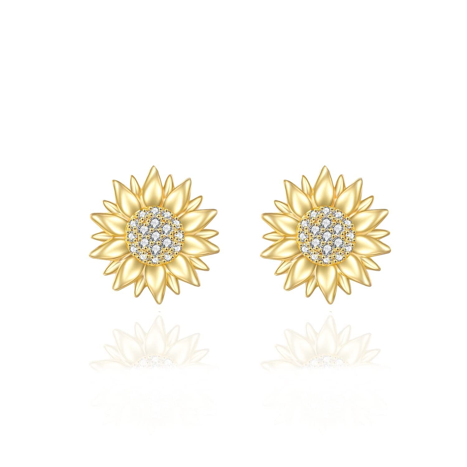 14K Gold Circular Shaped Cubic Zirconia Sunflower Stud Earrings