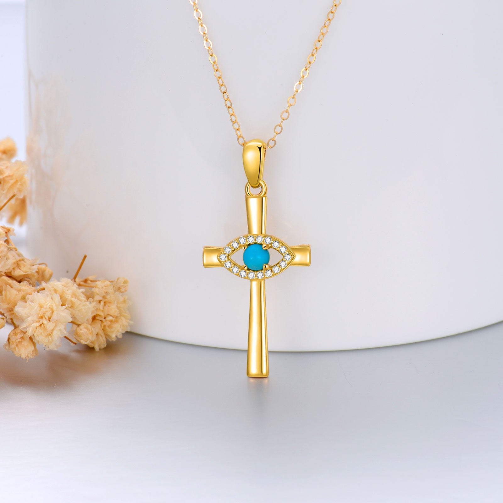 14K Gold Circular Shaped Turquoise Cross & Evil Eye Pendant Necklace