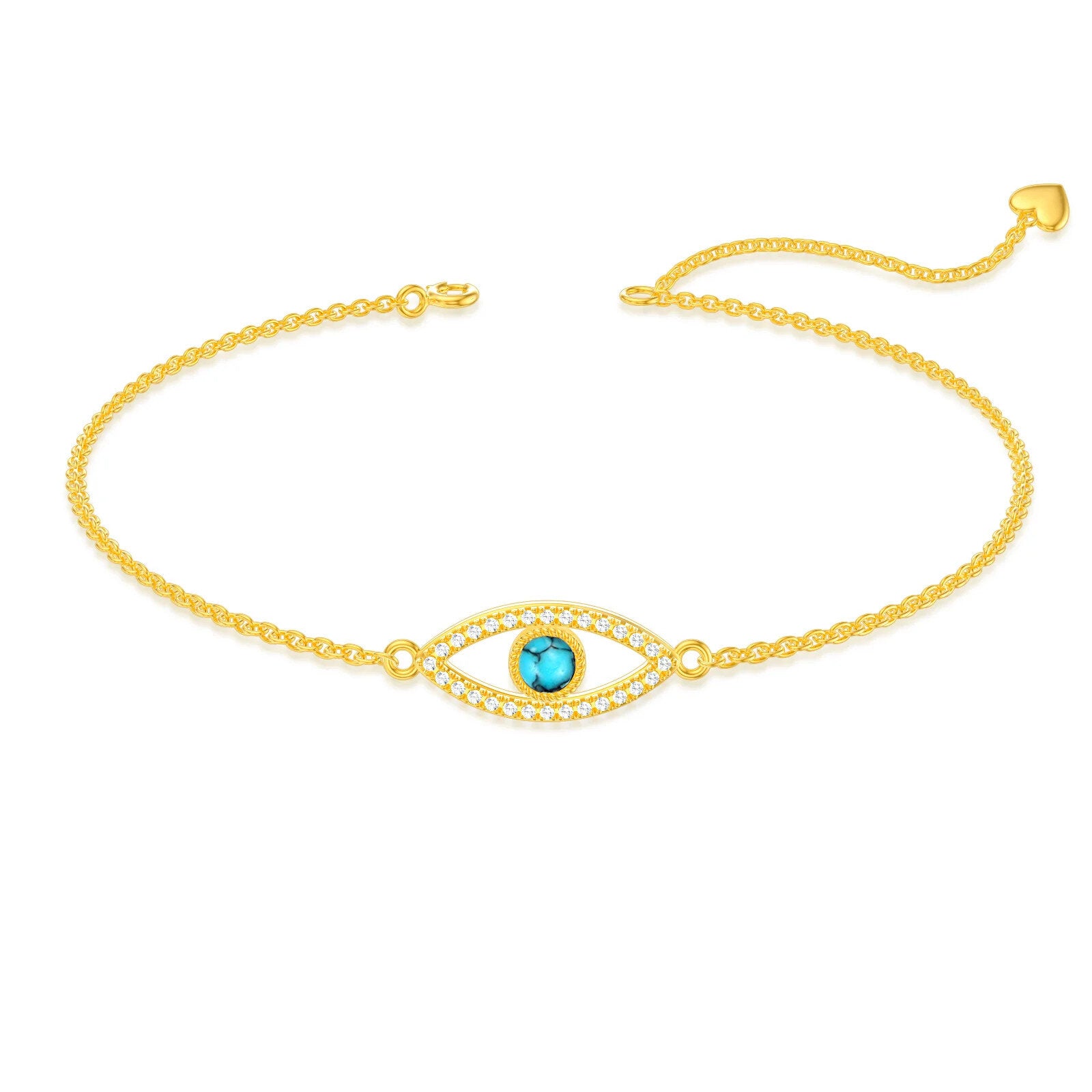 14K Gold Circular Shaped Turquoise Devil's Eye Charm Bracelet