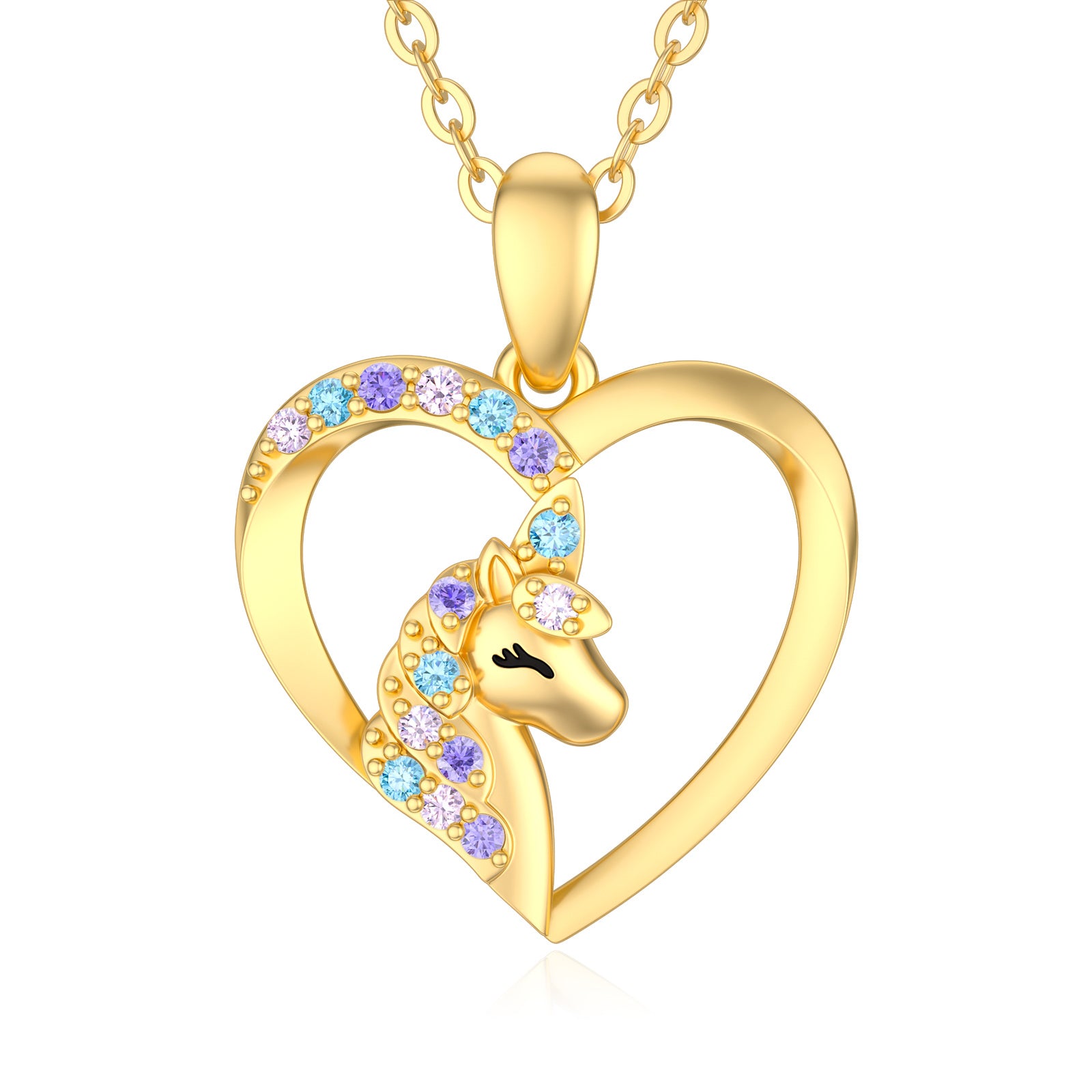 14K Gold Circular Shaped Cubic Zirconia Unicorn Pendant Necklace