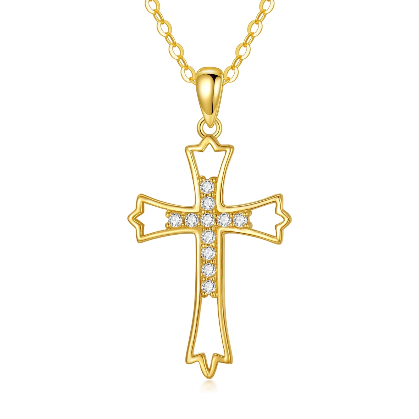 14K Gold Circular Shaped Zircon Cross & Filigree Pendant Necklace