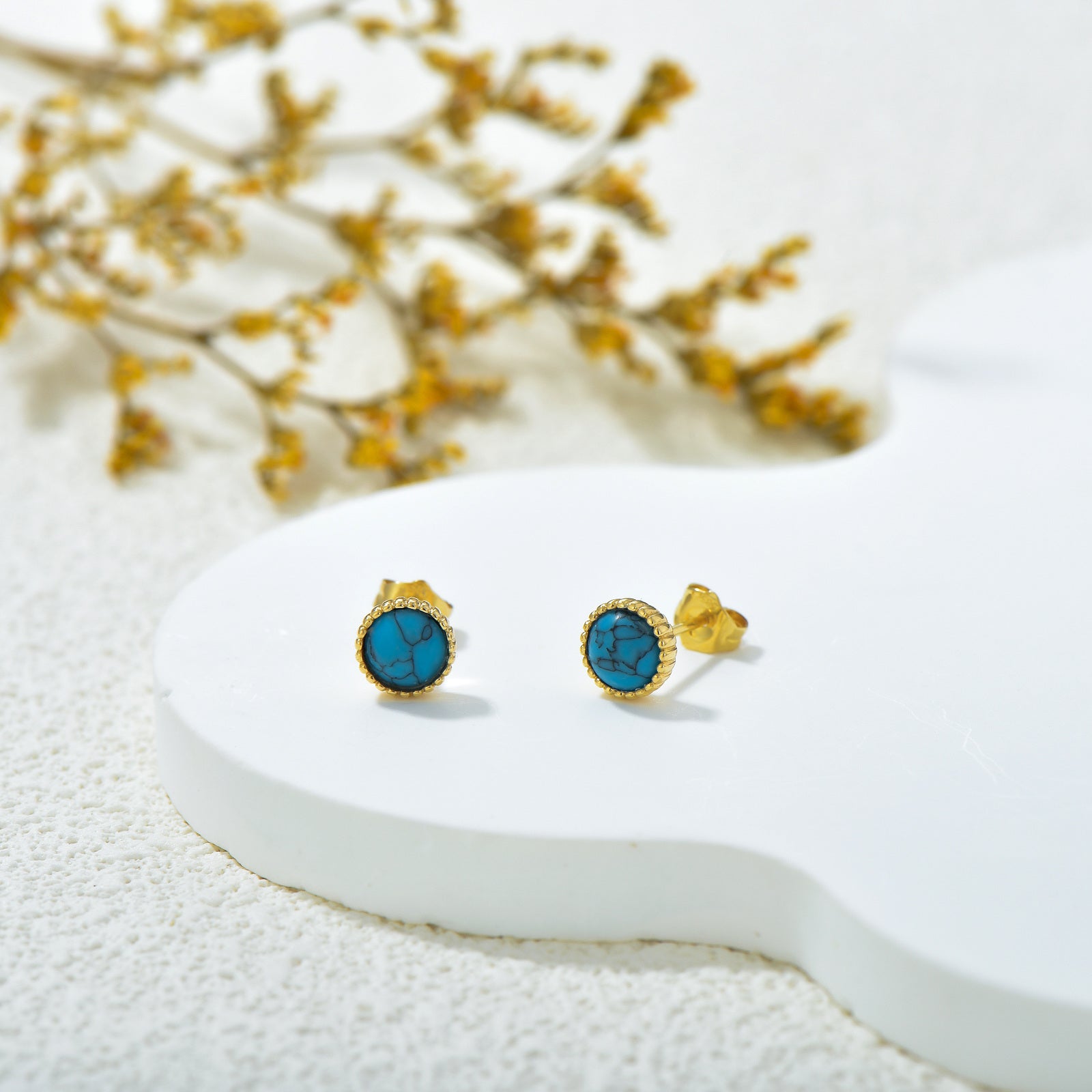 14K Gold Circular Turquoise Round Stud Earrings