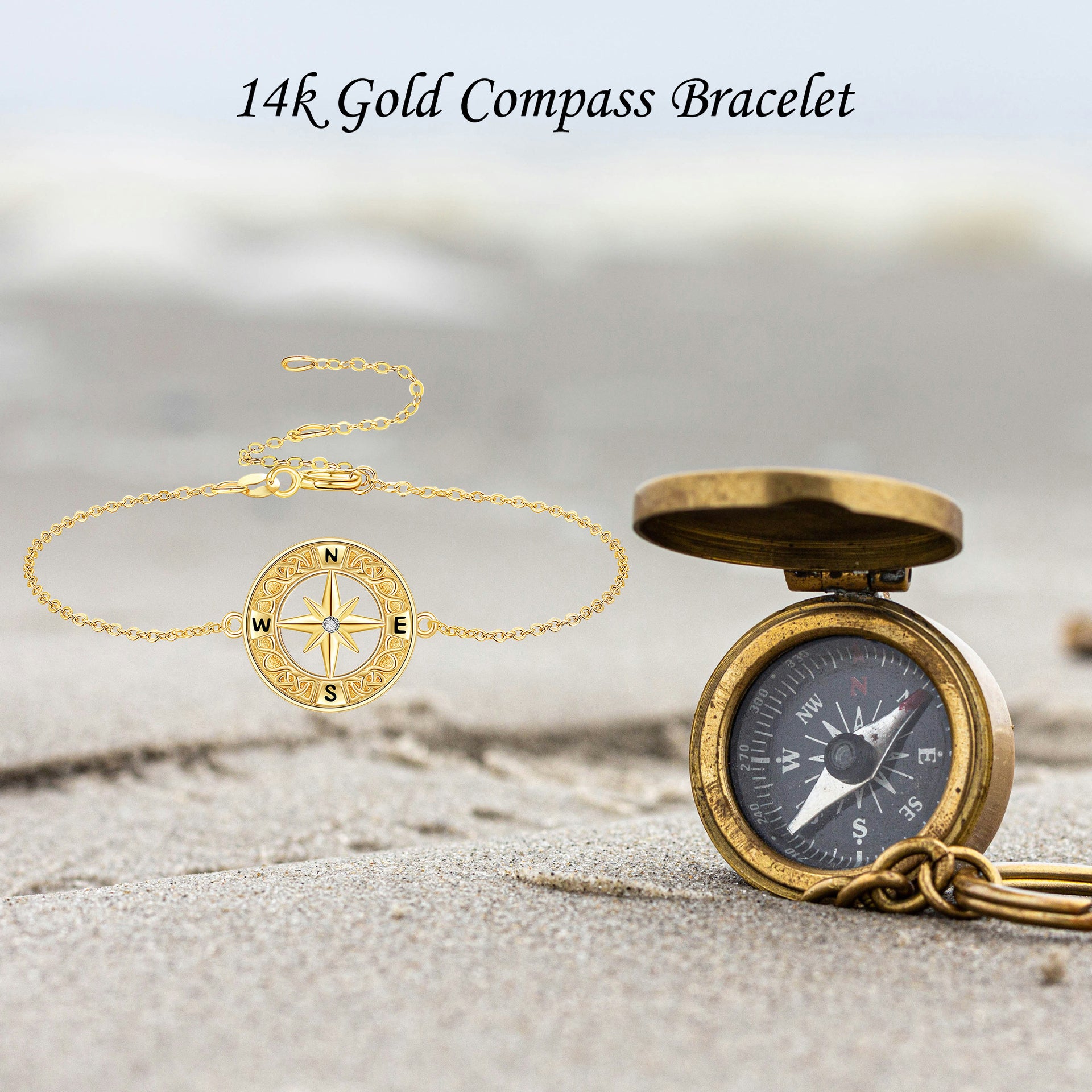 14K Gold Cubic Zirconia Compass Bracelet for Women