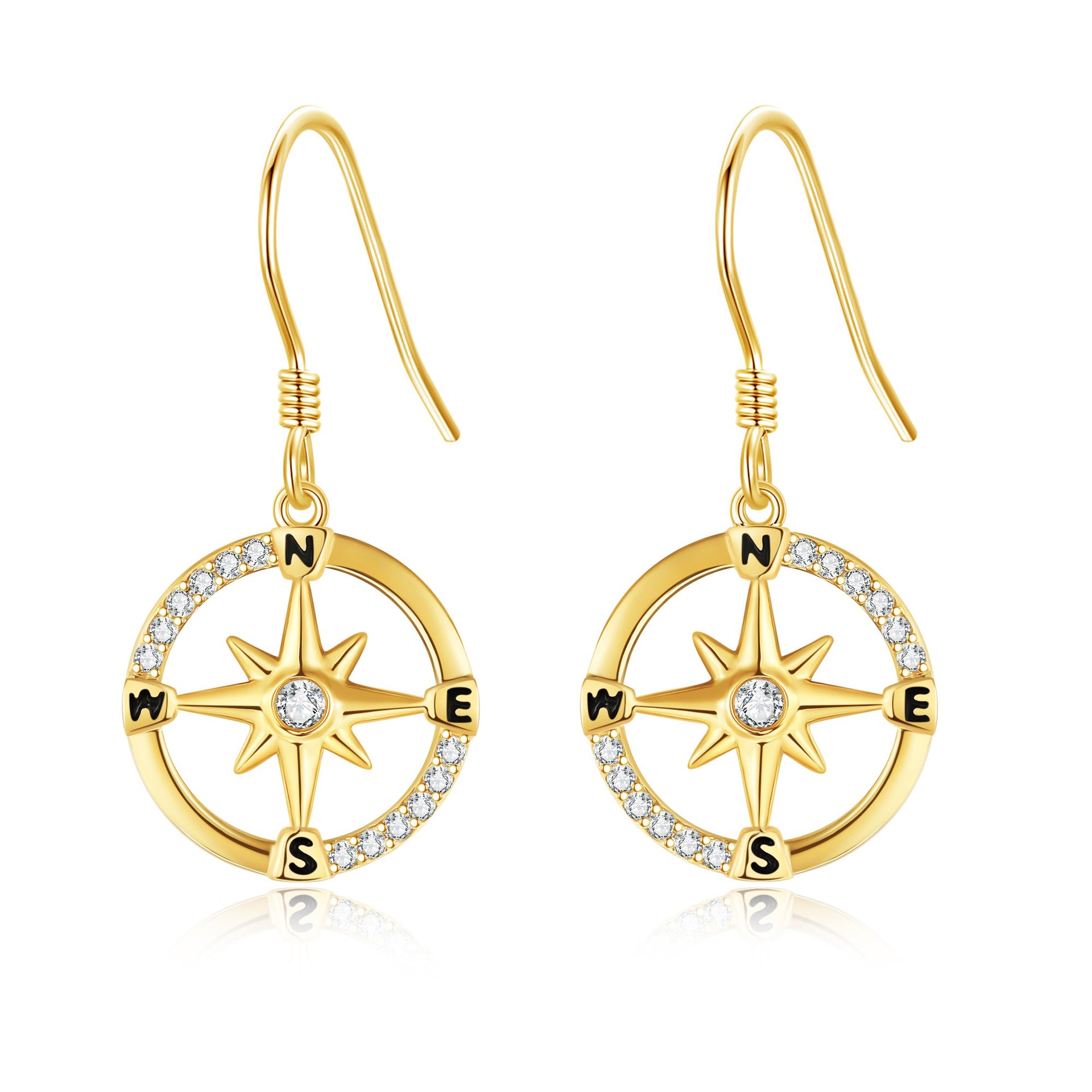 14K Gold Cubic Zirconia Compass Drop Earrings