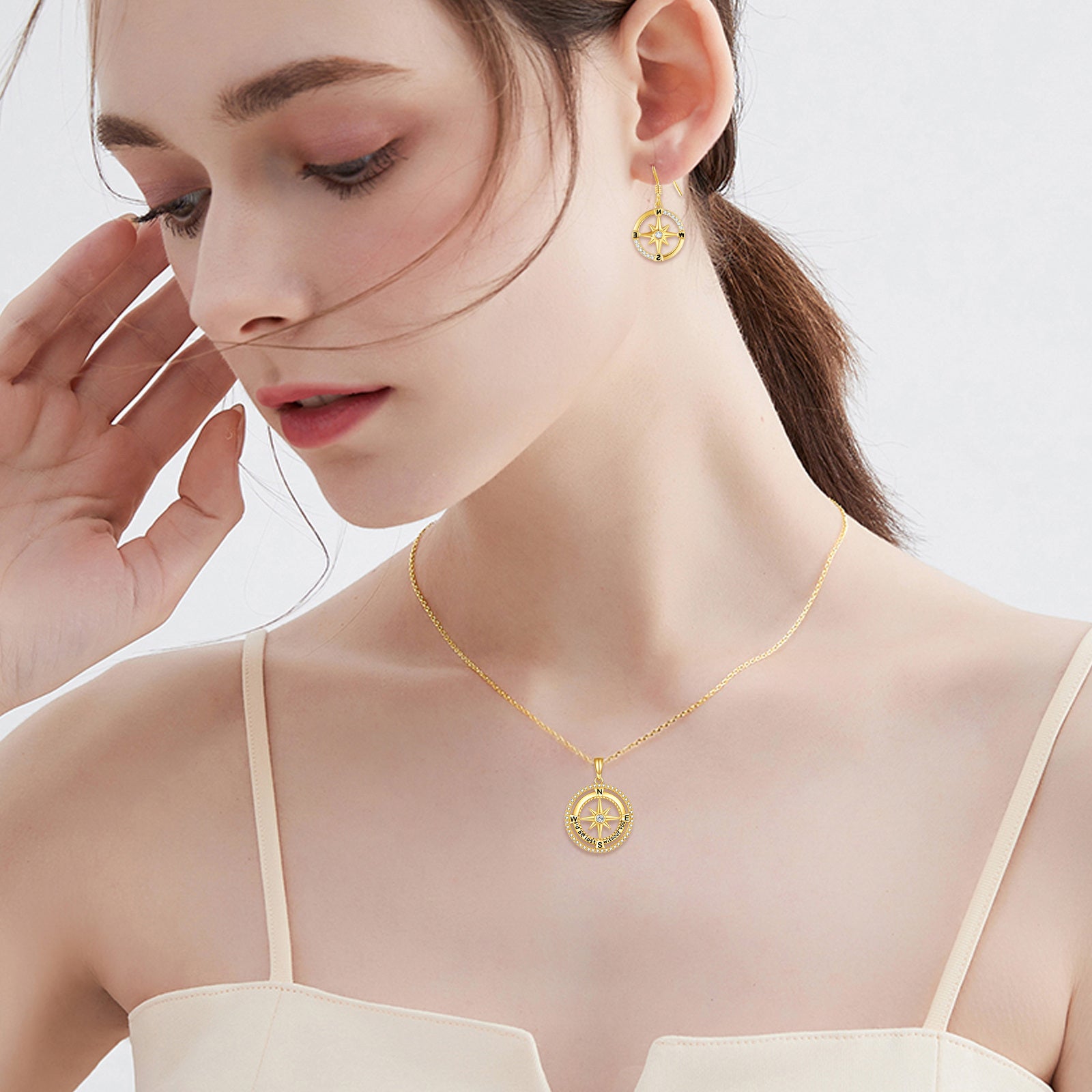 14K Gold Cubic Zirconia Compass Drop Earrings