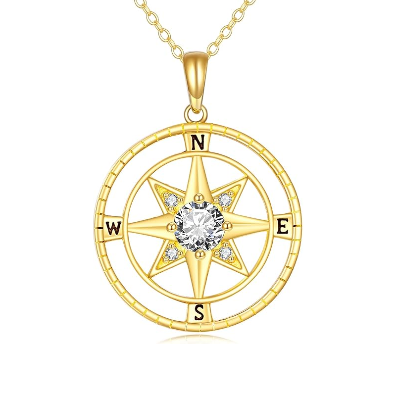 14K Gold Cubic Zirconia Compass Star Necklace for Women