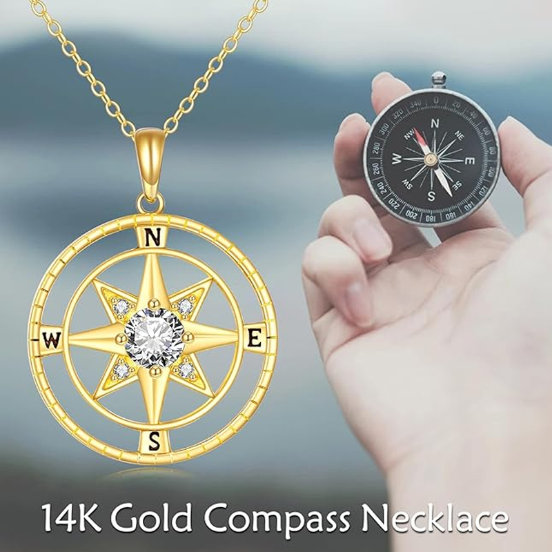 14K Gold Cubic Zirconia Compass Star Necklace for Women