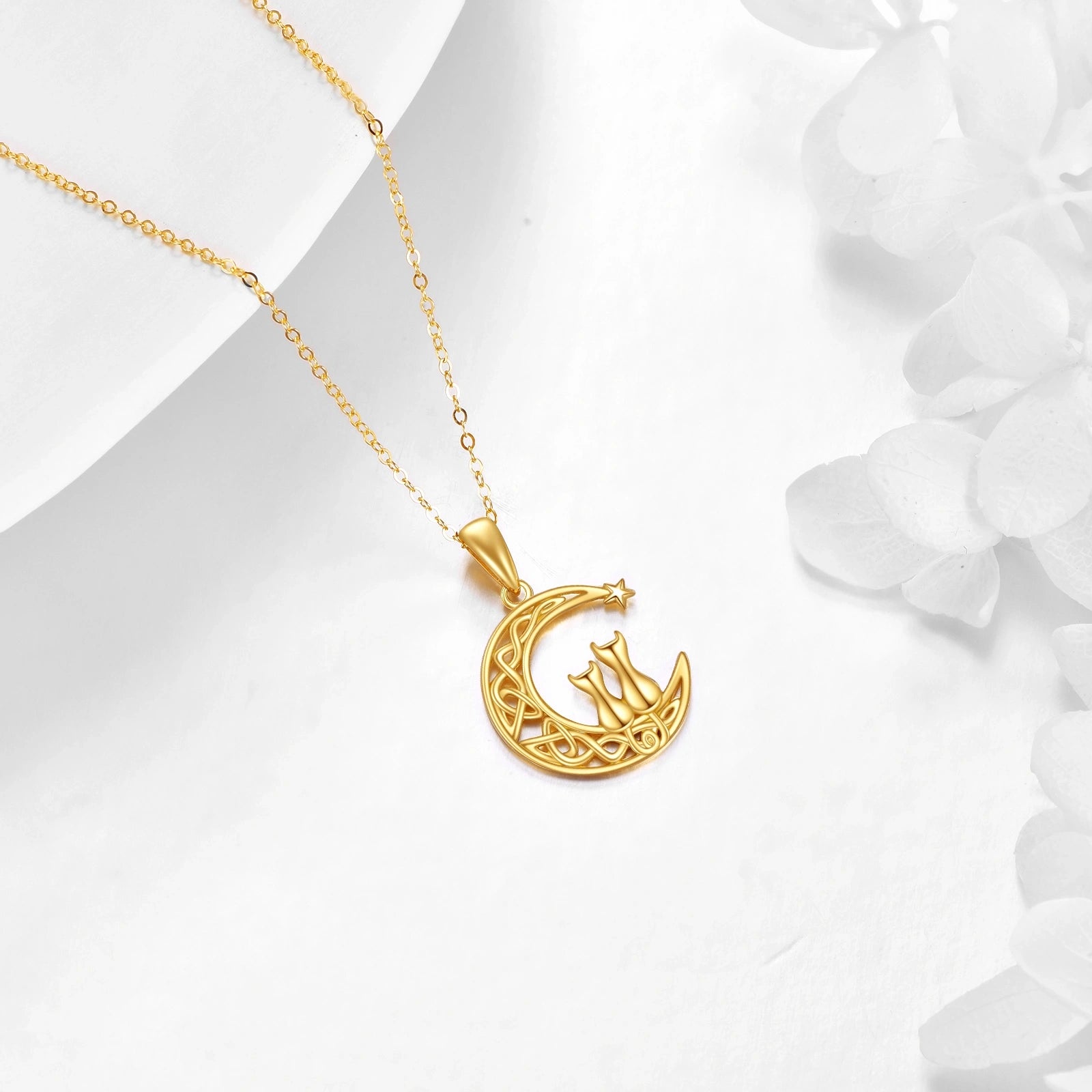 14K Gold Couple Cat & Moon Star Pendant Necklace