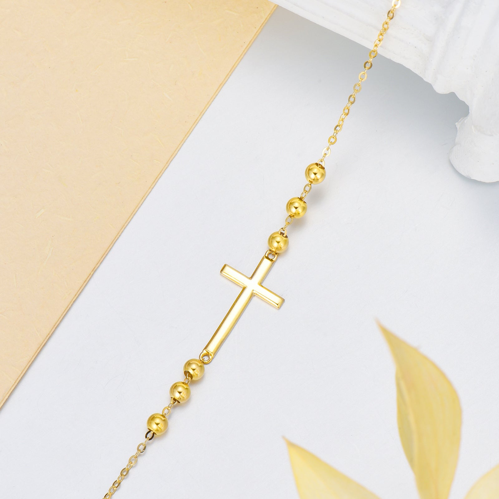 14K Gold Cross Bead Station Chain Bracelet