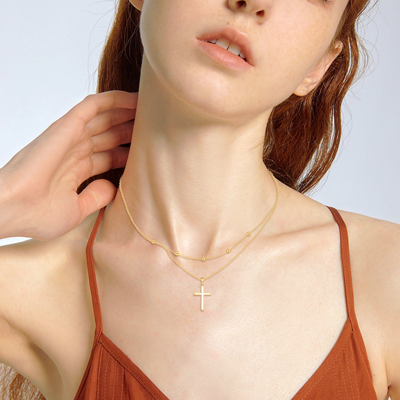 14K Gold Cross Bead Station Chain Layered Necklace