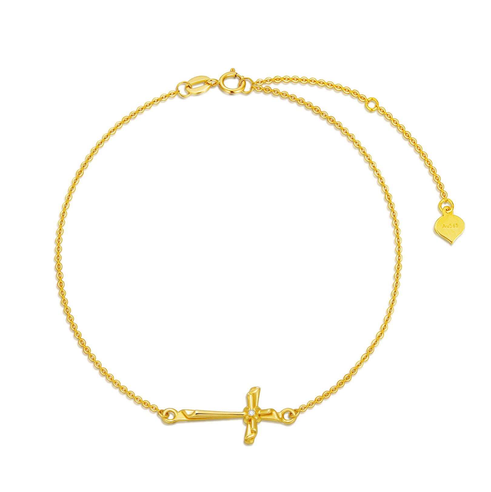 14K Gold Cubic Zirconia Cross Bowknot Charm Bracelet
