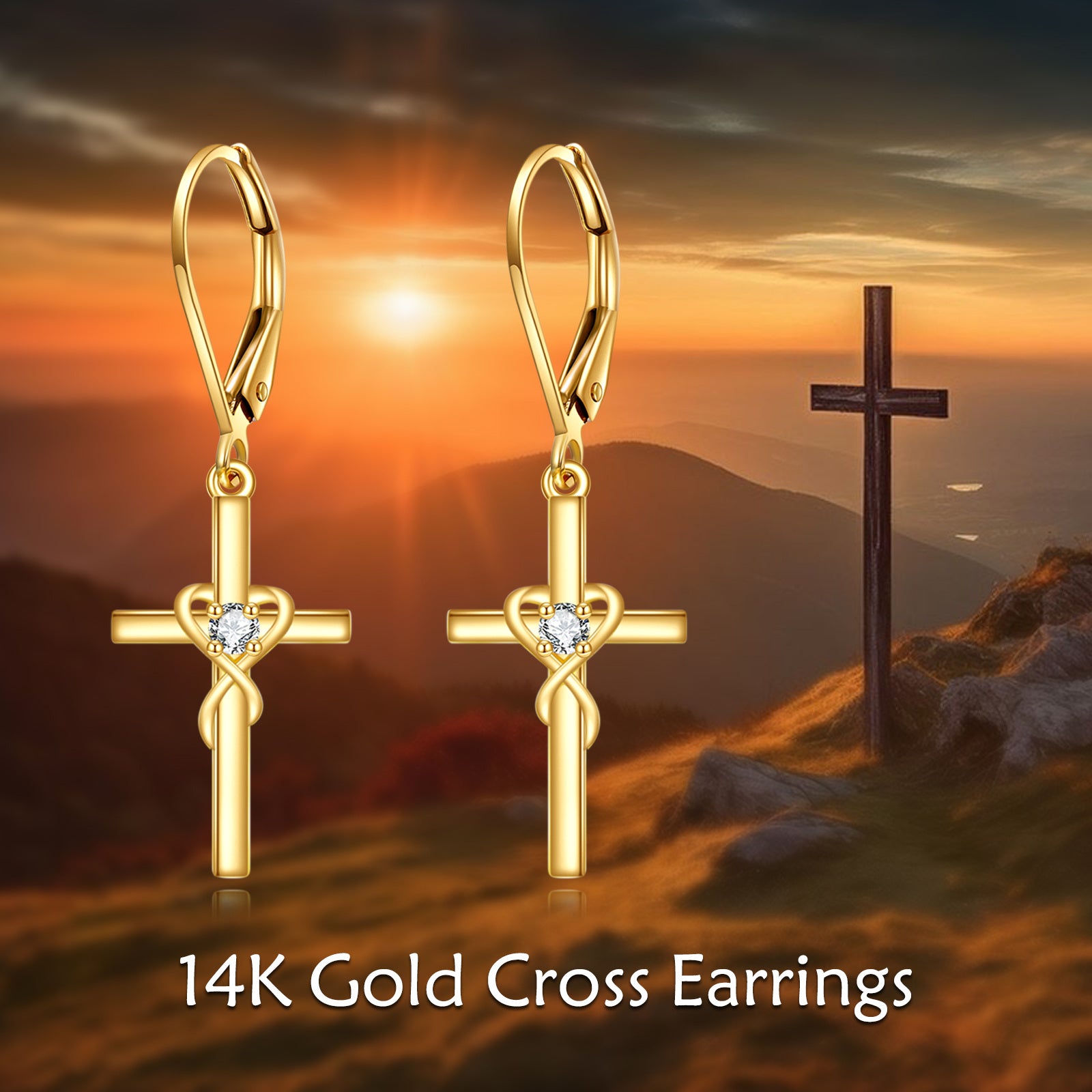 14K Gold Cubic Zirconia Cross Drop Earrings