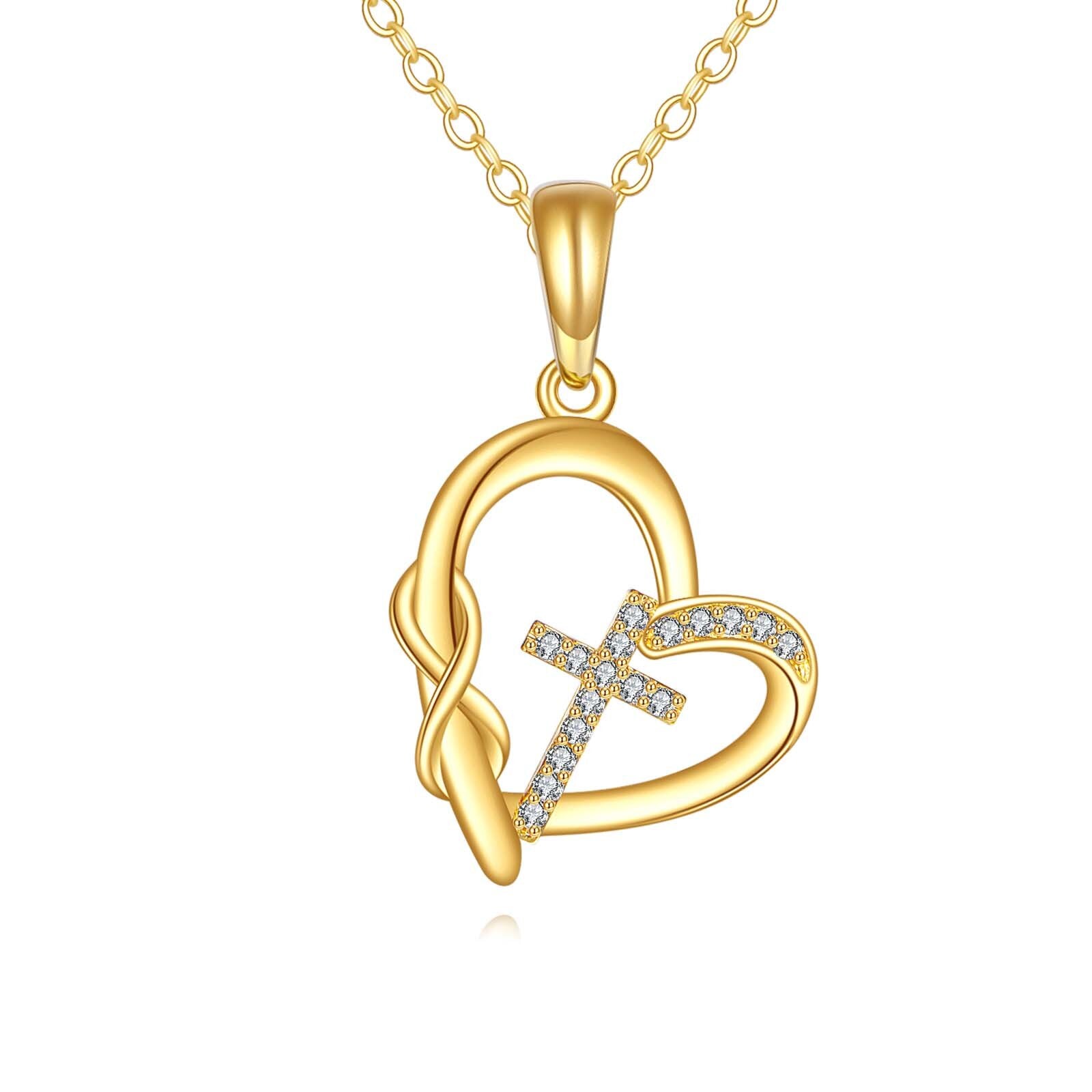 14K Gold Cubic Zirconia Cross & Heart & Infinity Symbol Pendant Necklace