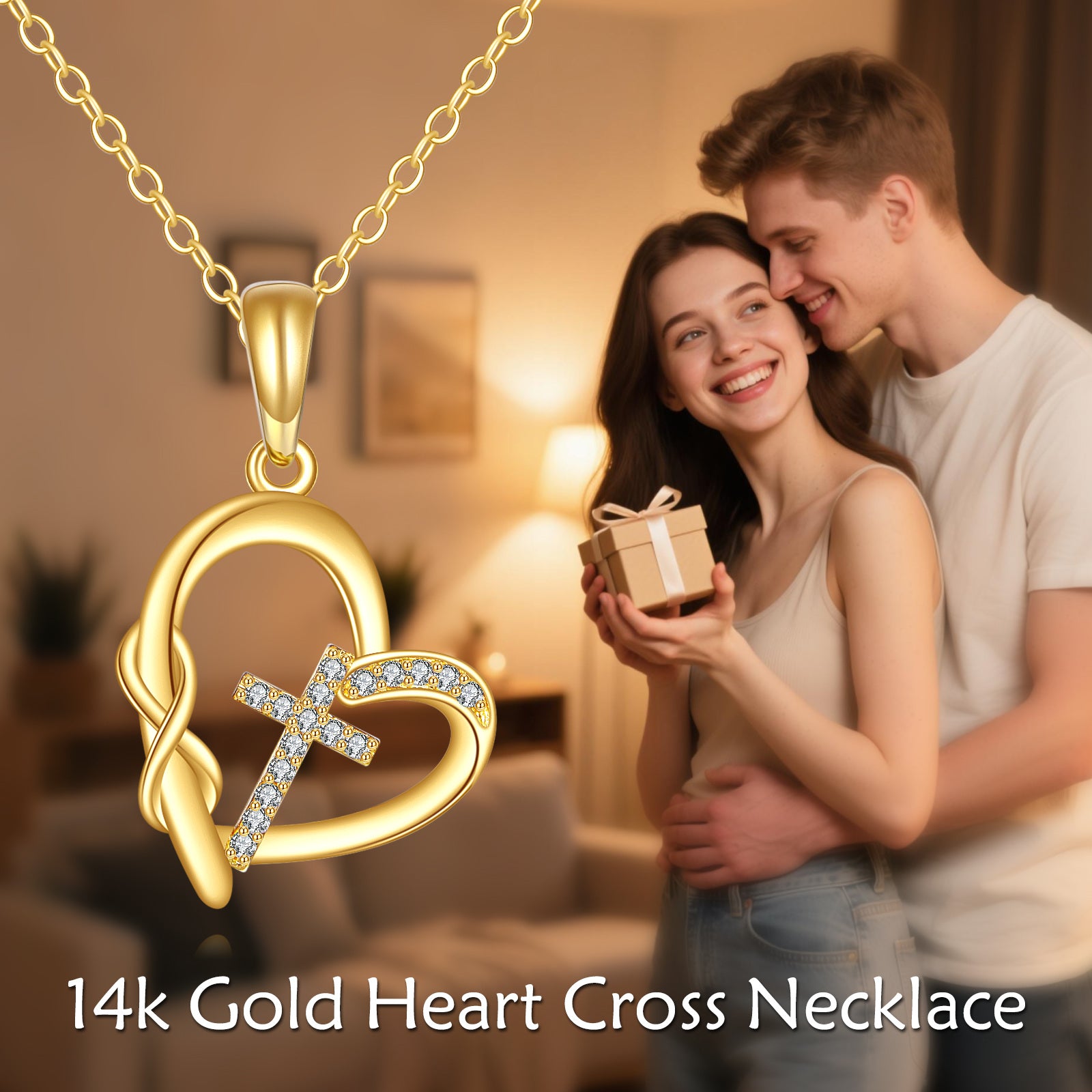 14K Gold Cubic Zirconia Cross & Heart & Infinity Symbol Pendant Necklace