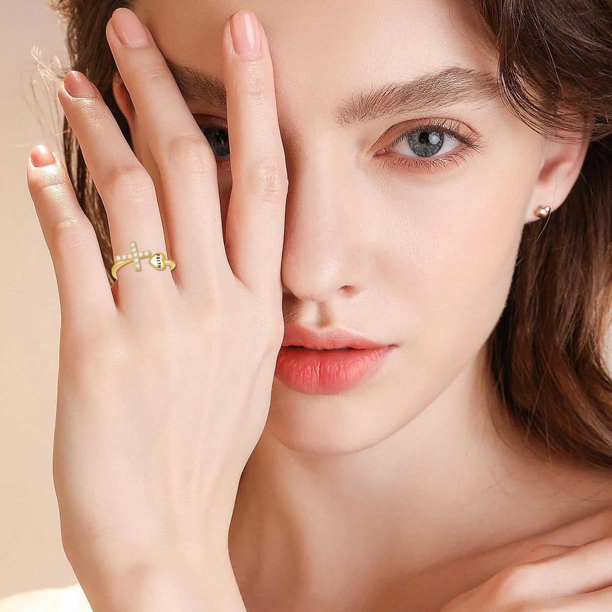 14K Gold Cubic Zirconia Cross & Heart Open Ring with Engraved Word