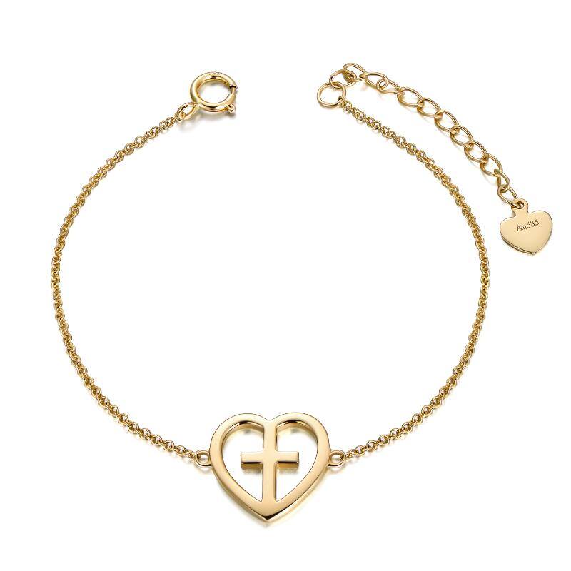 14K Gold Cross & Heart Charm Bracelet