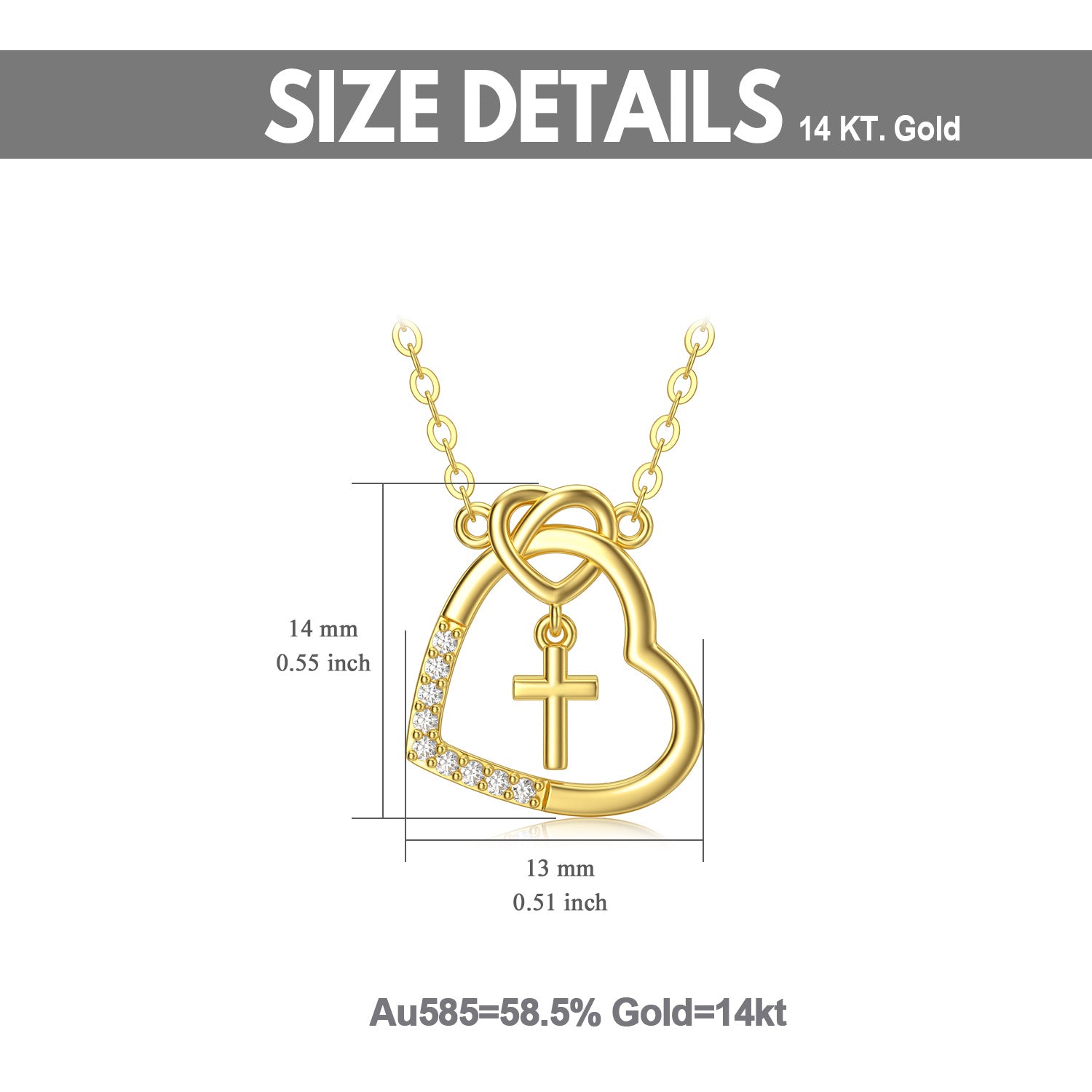 14K Gold Heart Cross & Love Knot Pendant Necklace With 5A Grade Austria Crystal