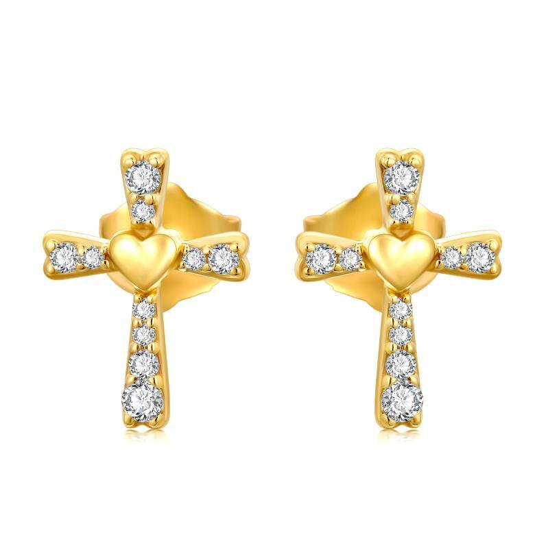 14K Gold Cubic Zirconia Cross & Heart Stud Earrings