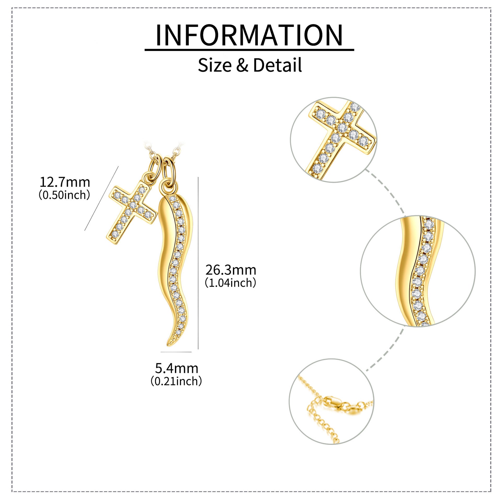 Gold Vermeil Cubic Zirconia Cross Italian Horn Necklace for Women