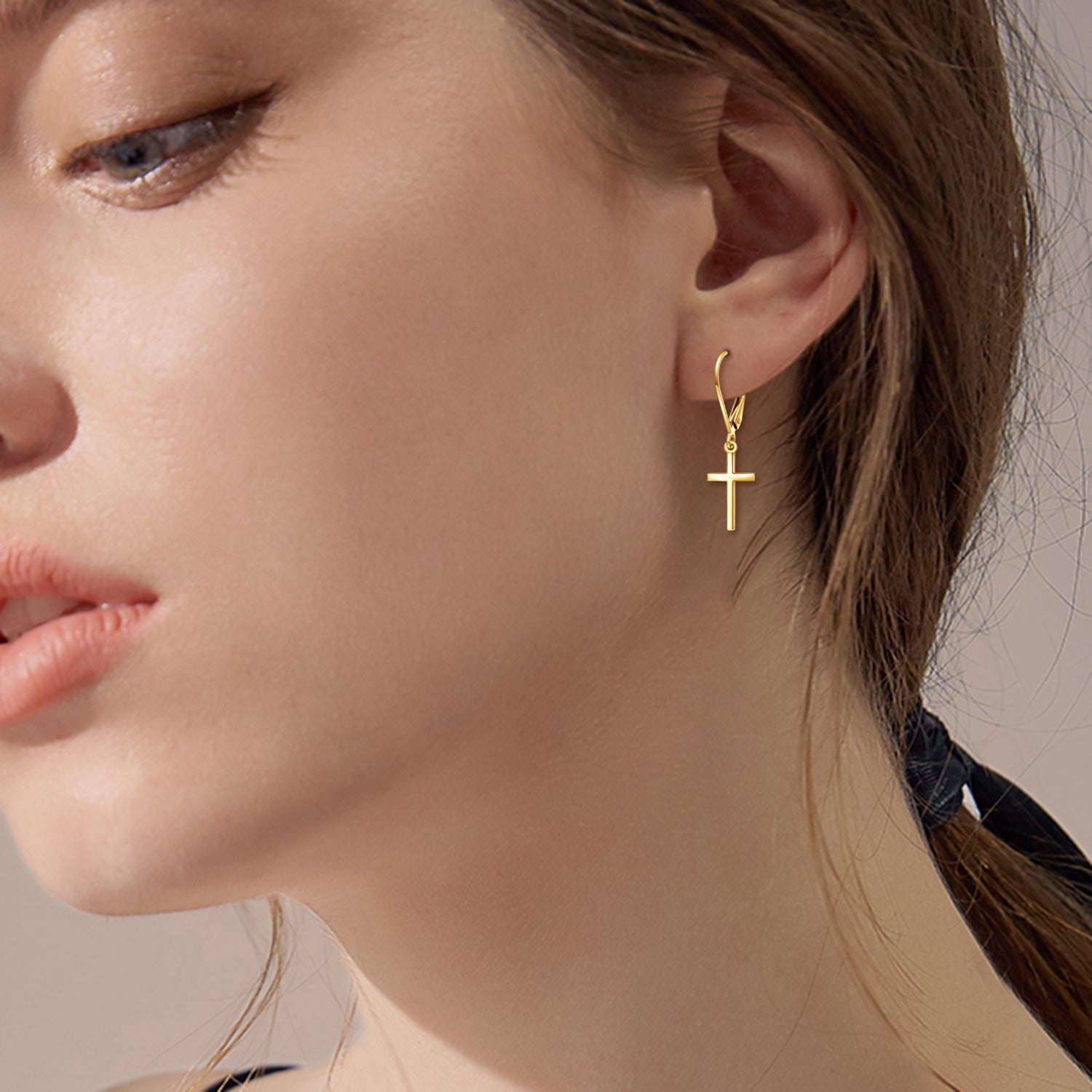 Sterling Silver with Yellow Gold Plated Cross Lever-back Earrings