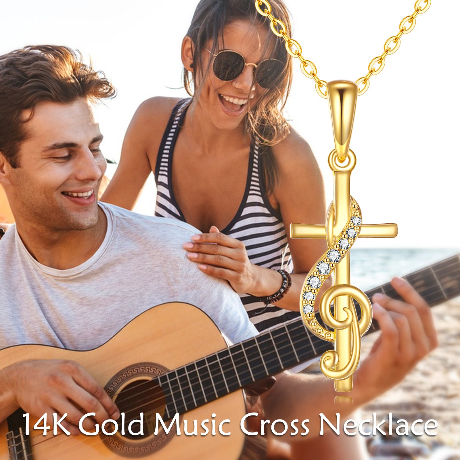 14K Gold Cubic Zirconia Cross & Music Symbol Pendant Necklace