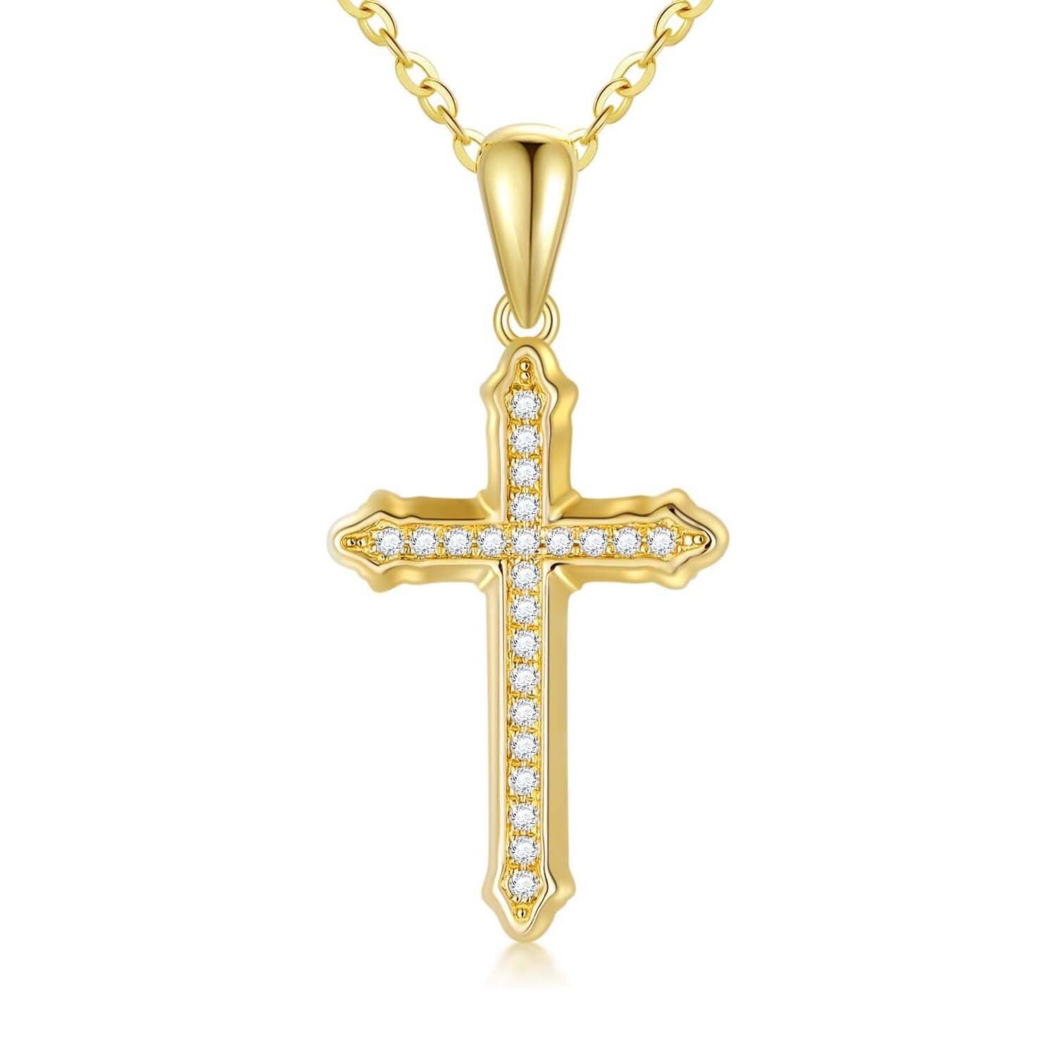 14K Gold Cubic Zirconia Cross Necklace for Women