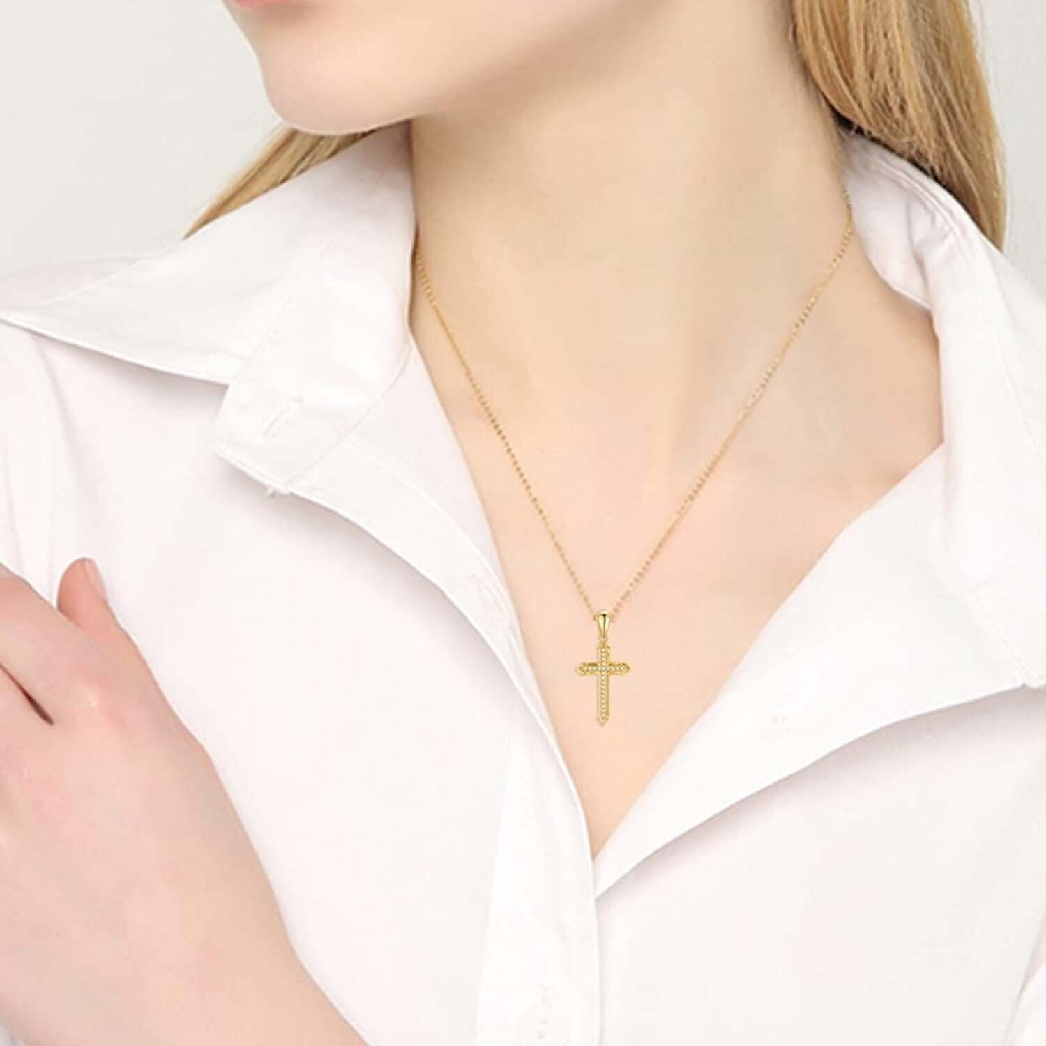 14K Gold Cubic Zirconia Cross Necklace for Women