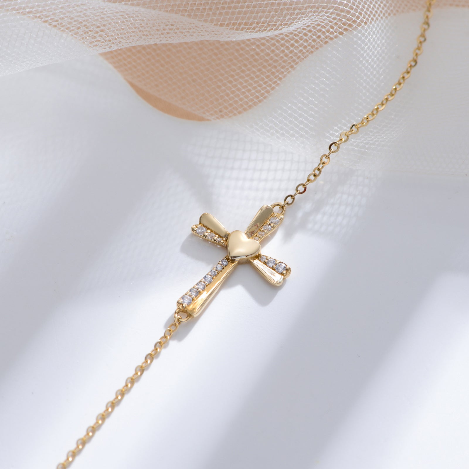 14K Gold Cubic Zirconia Cross Charm Bracelet