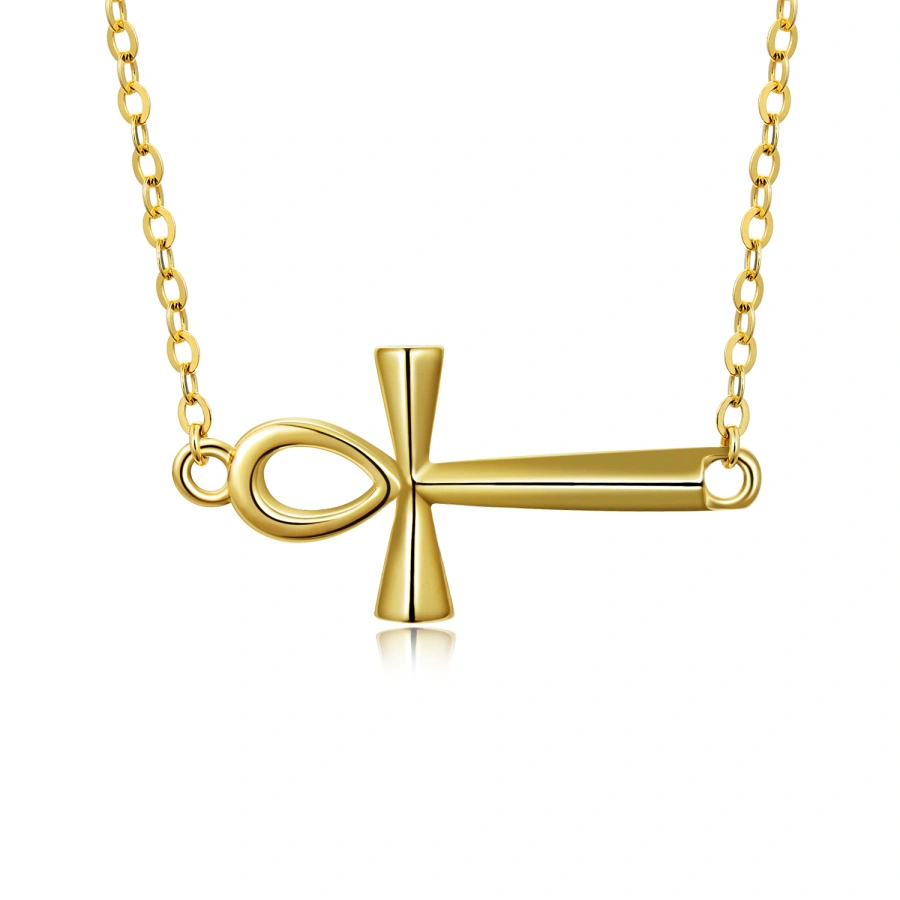 14K Gold Cross Pendant Necklace Ankh Cross Sideway Necklace
