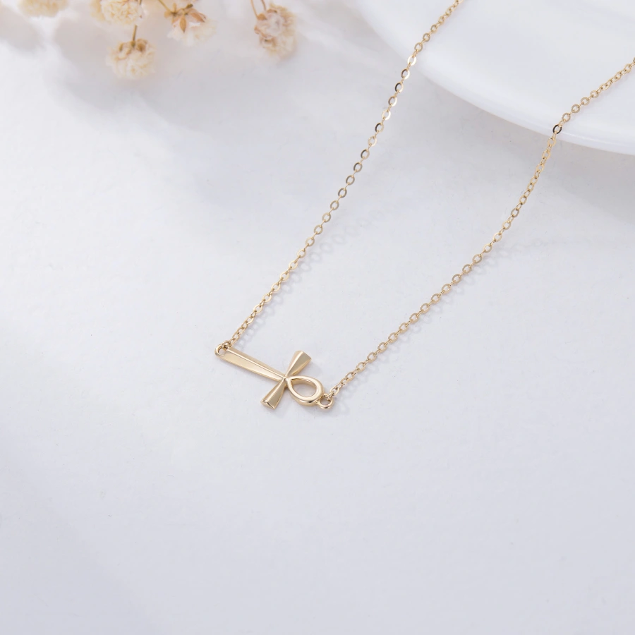 14K Gold Cross Pendant Necklace Ankh Cross Sideway Necklace