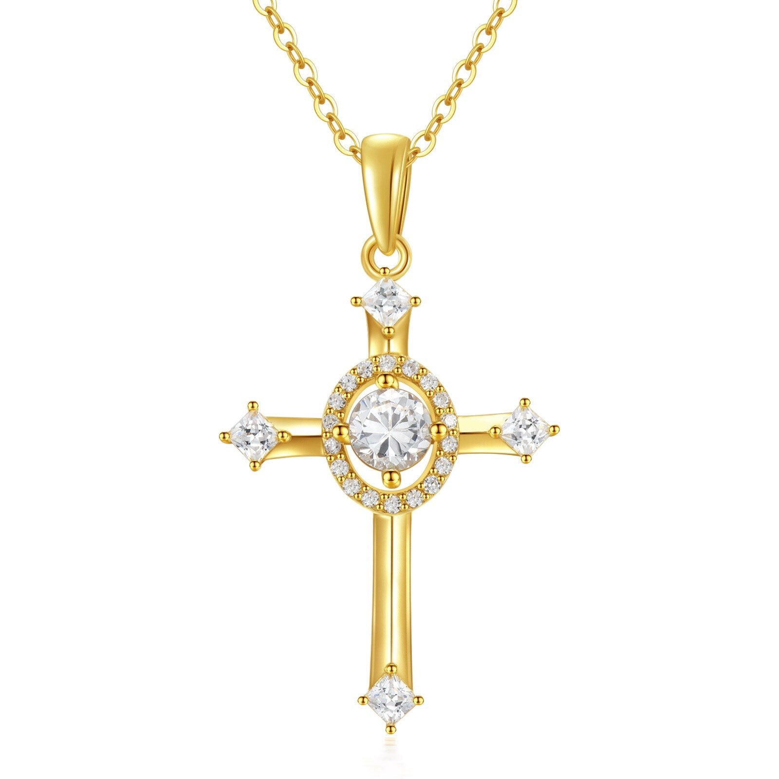 14K Gold Cubic Zirconia Cross Pendant Necklace