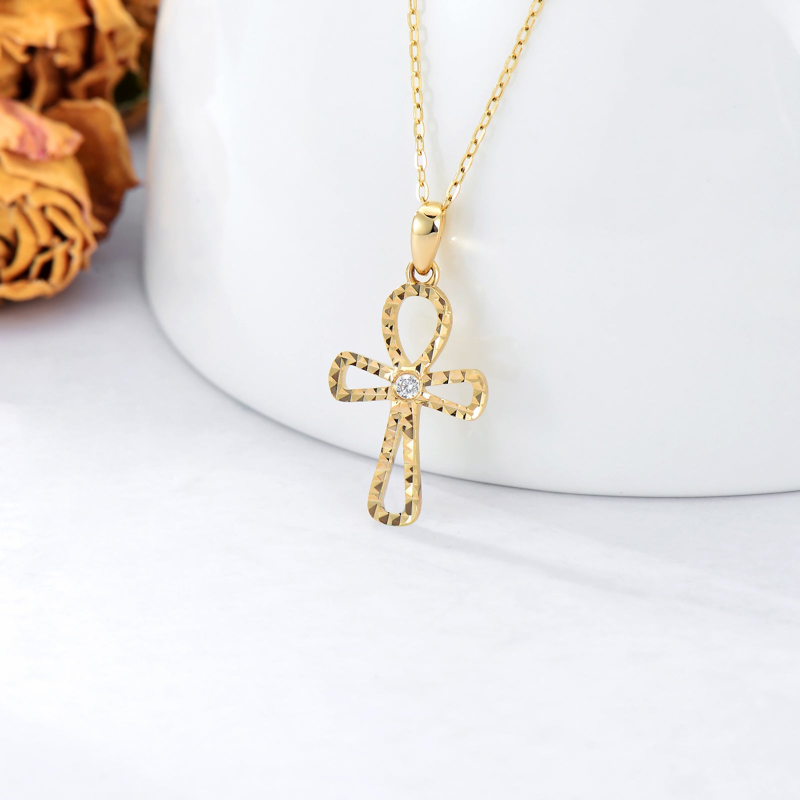14K Gold Cubic Zirconia Cross Pendant Necklace