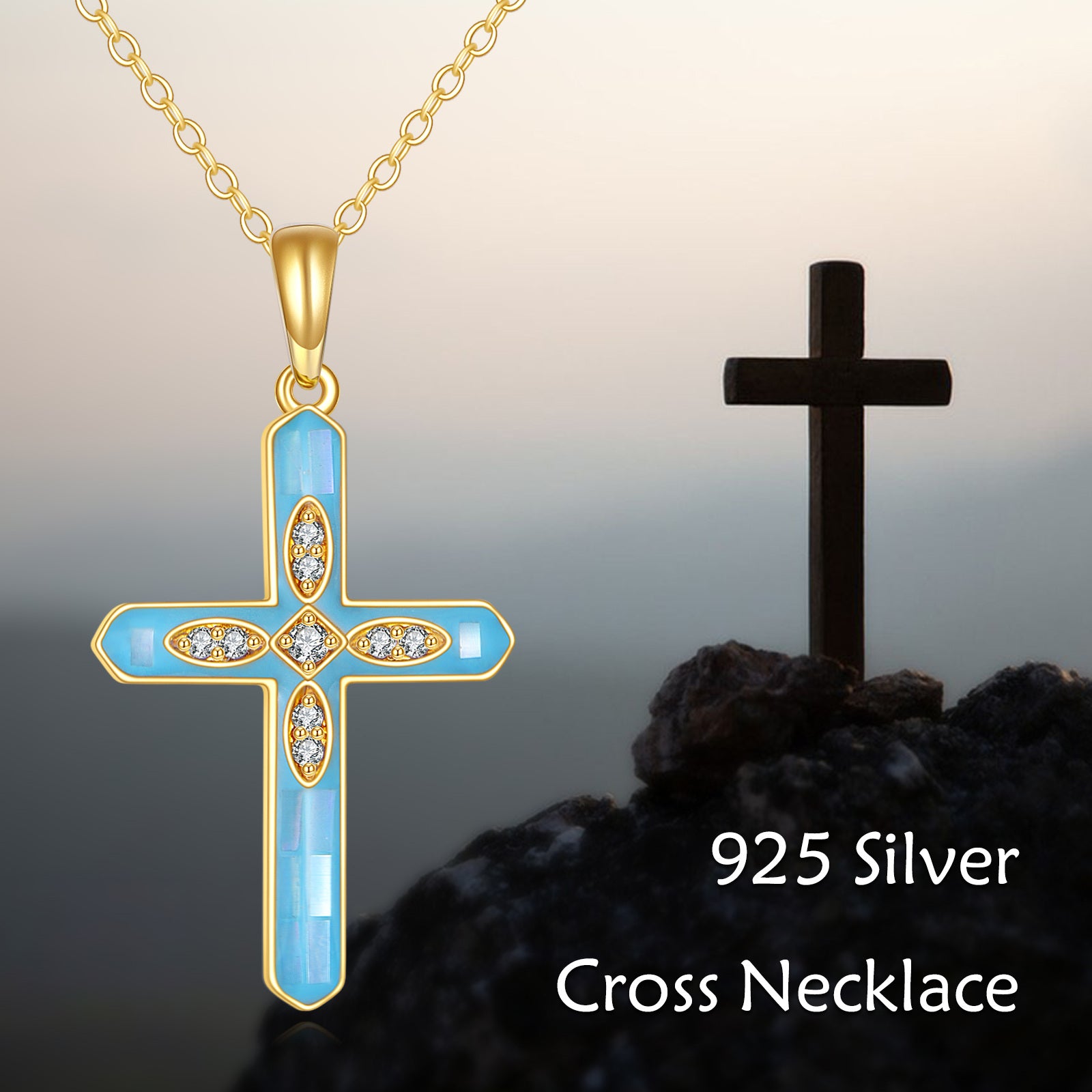 14K Gold Cubic Zirconia Cross Pendant Necklace