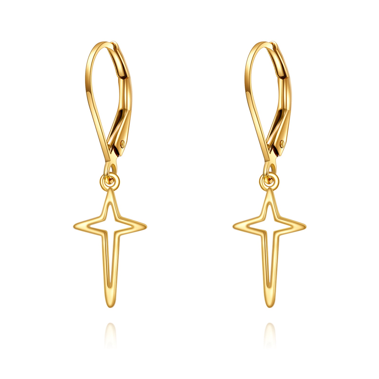 14K Gold Cross & Star Lever-back Earrings