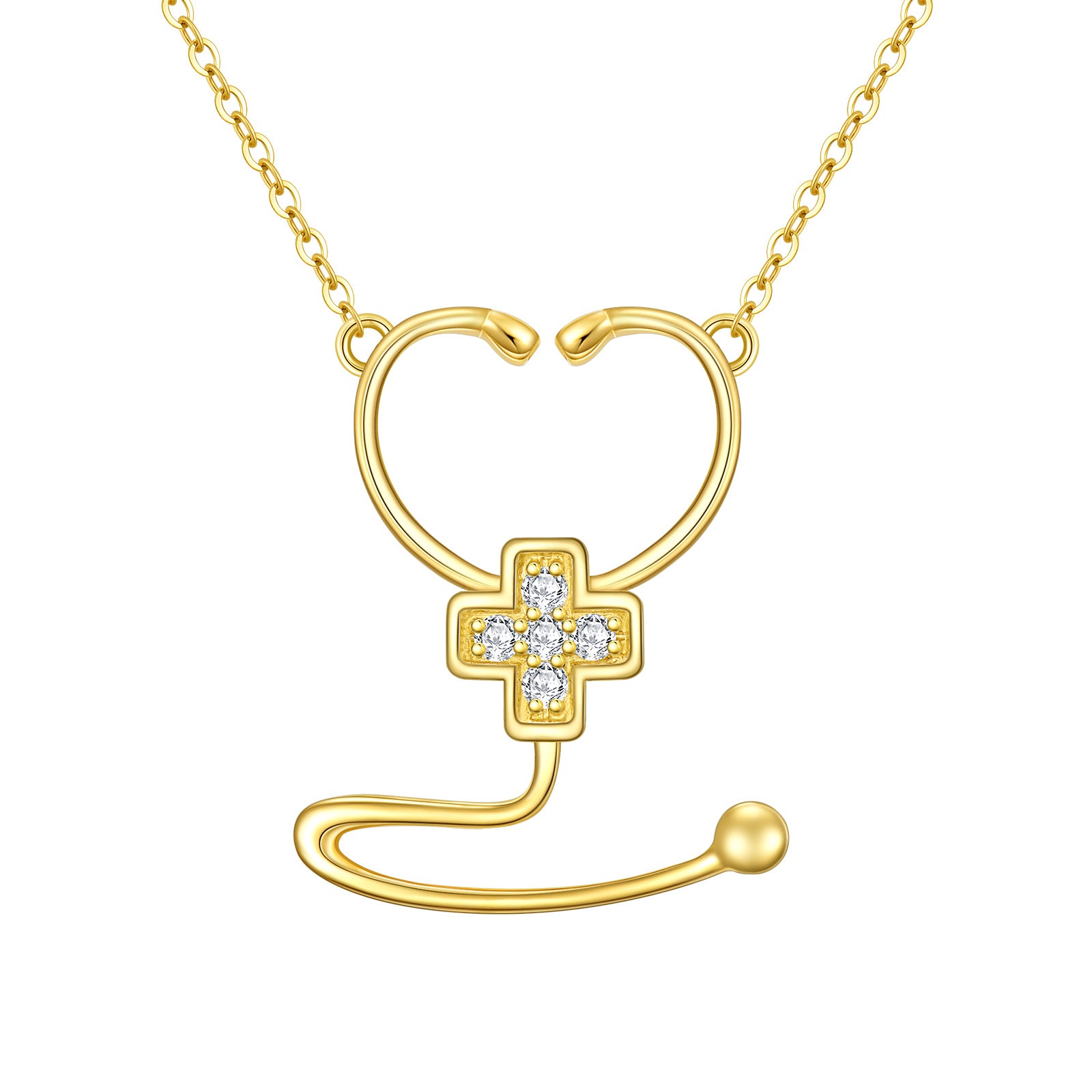 14K Gold Cubic Zirconia Cross & Stethoscope Necklace for Women