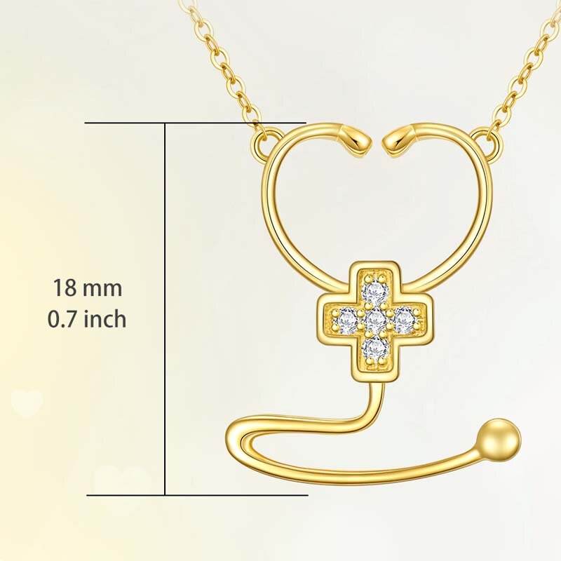 14K Gold Cubic Zirconia Cross & Stethoscope Necklace for Women