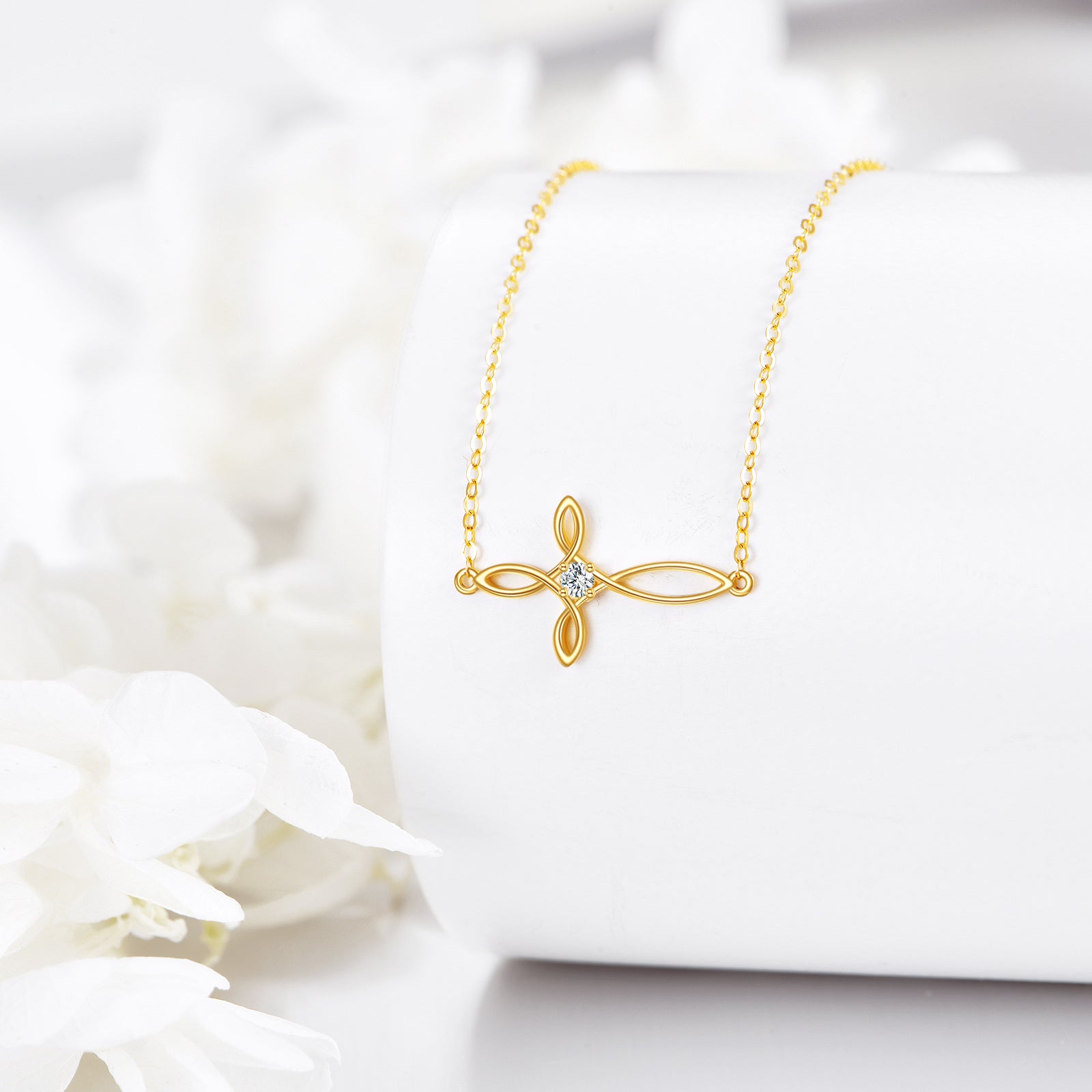 14K Gold Cubic Zirconia Cross & Witch Knot Pendant Necklace