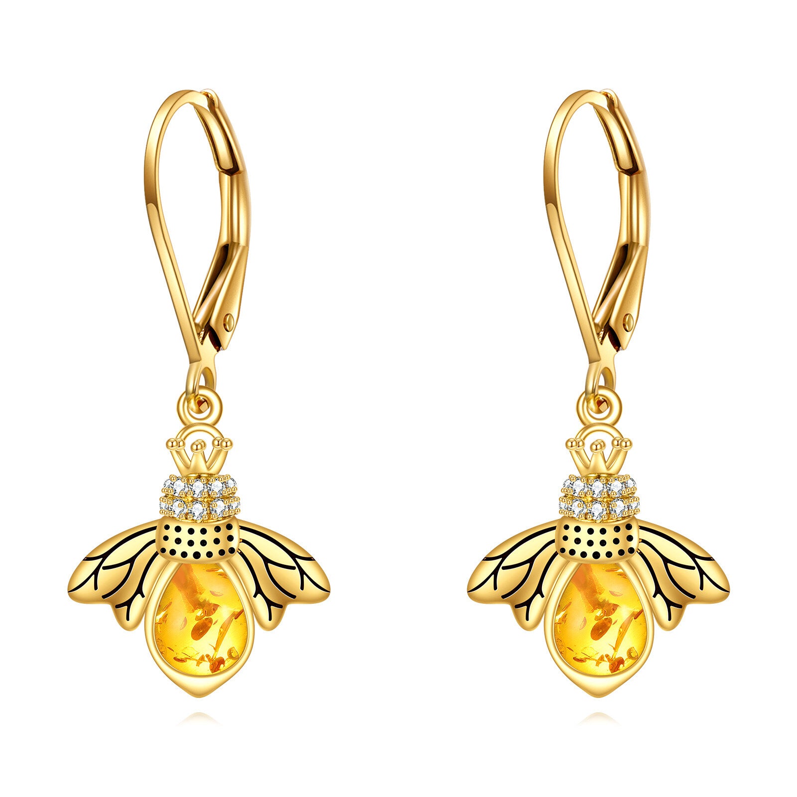 14K Gold Crystal & Cubic Zirconia Bee Lever-back Earrings