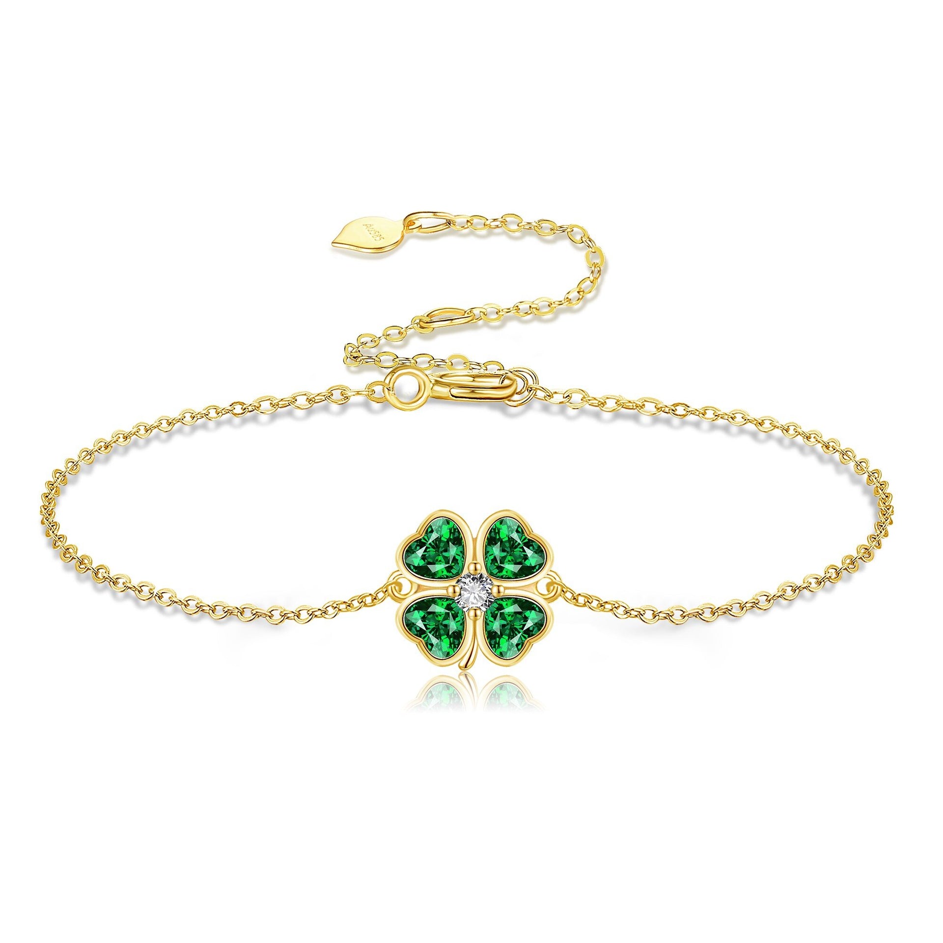 14K Gold Crystal & Cubic Zirconia Four Leaf Clover Charm Bracelet