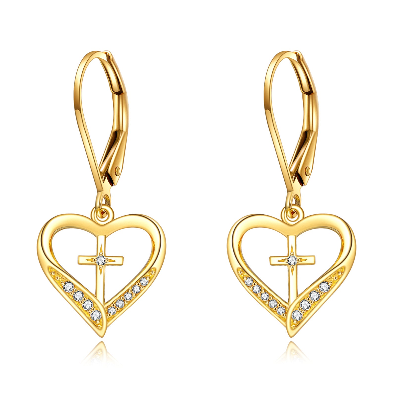14K Gold Crystal Heart Drop Earrings