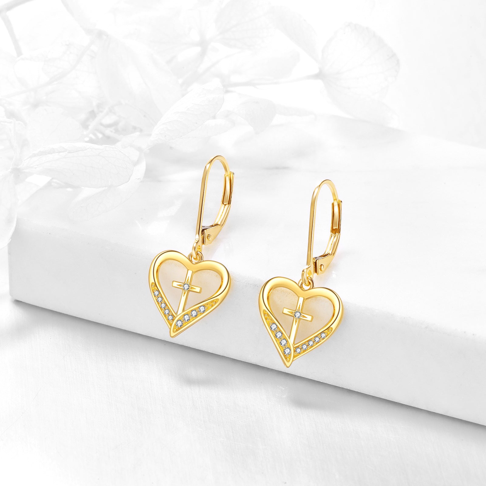 14K Gold Crystal Heart Drop Earrings