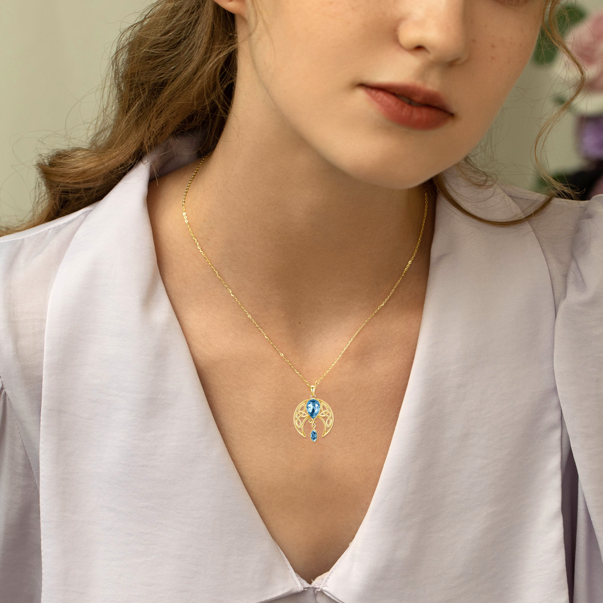 14K Gold Crystal Moon Pendant Necklace