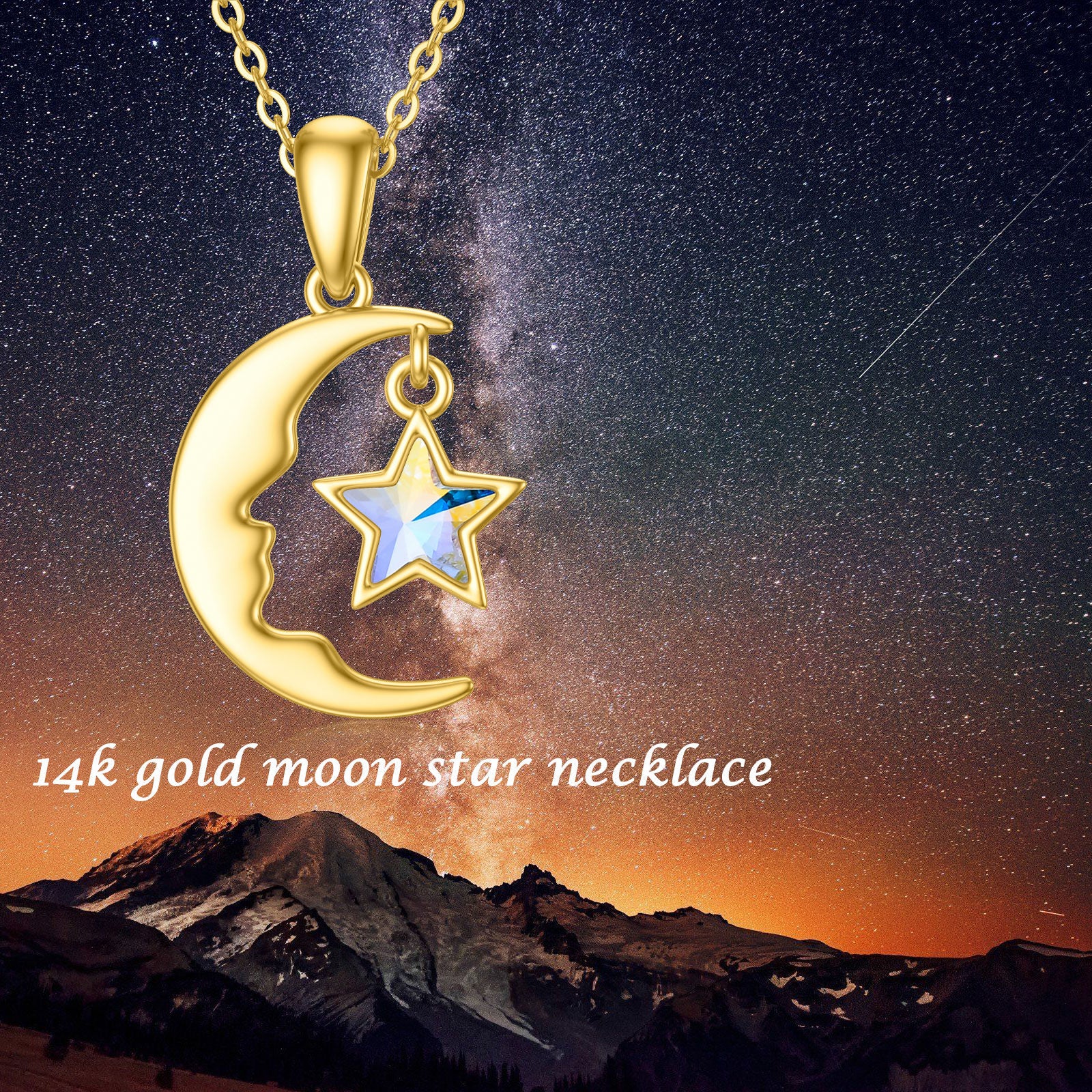 14K Gold Crystal Moon & Star Pendant Necklace