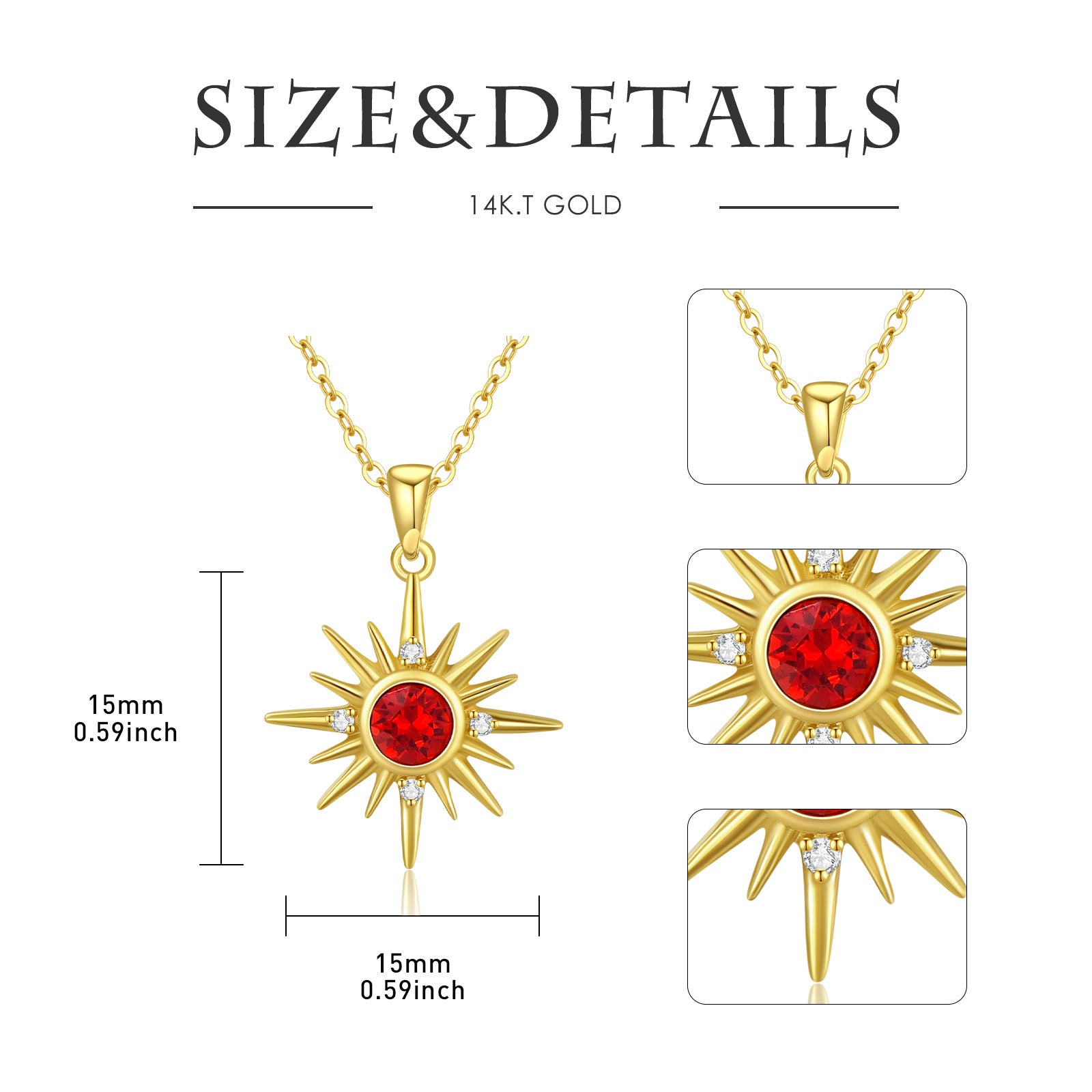 14K Gold Crystal Sun Charm Necklace for Women