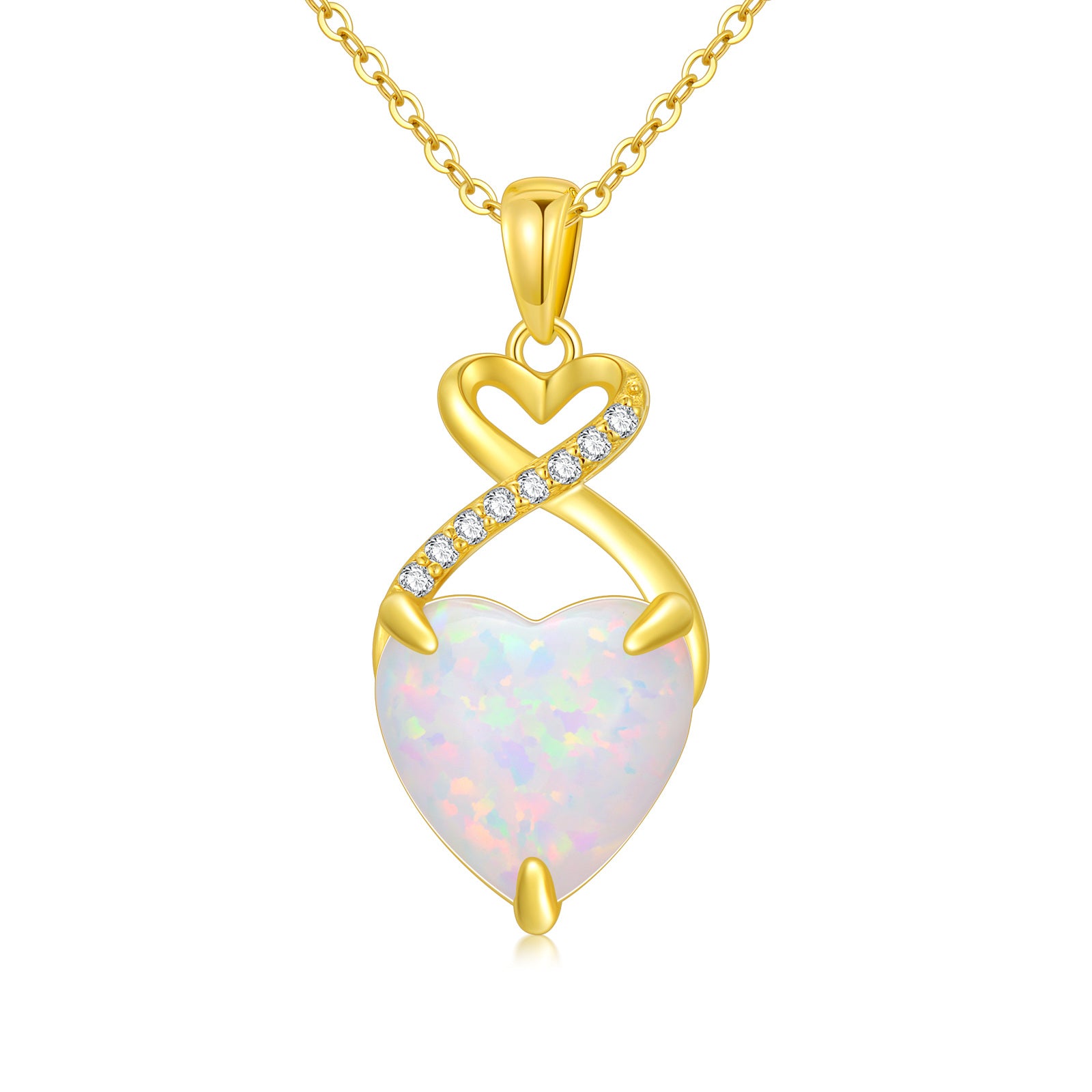 14K Gold Cut Lab Created Diamond & Opal Heart Pendant Necklace
